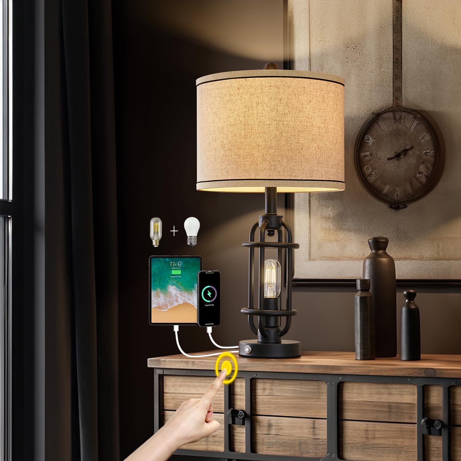 G-Safava 23.75'' Industrial Black Metal Table Lamp With Usb Ports For Living Room Decor