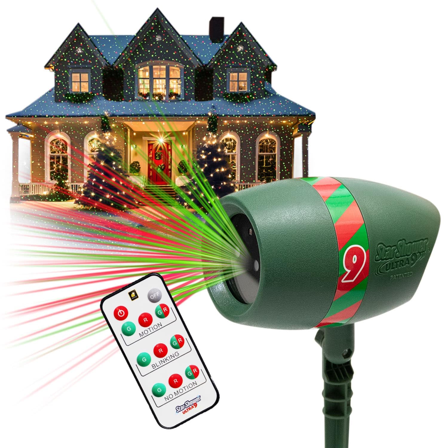 Star Shower Ultra 9 Outdoor Laser Light Show with Remote, AS-SEEN-ON-TV, New 9 Unique Patterns, Showers Home w/Thousands of Lights, 3 Color Combinations, Motion or Still, Up to 3200 Sq Ft