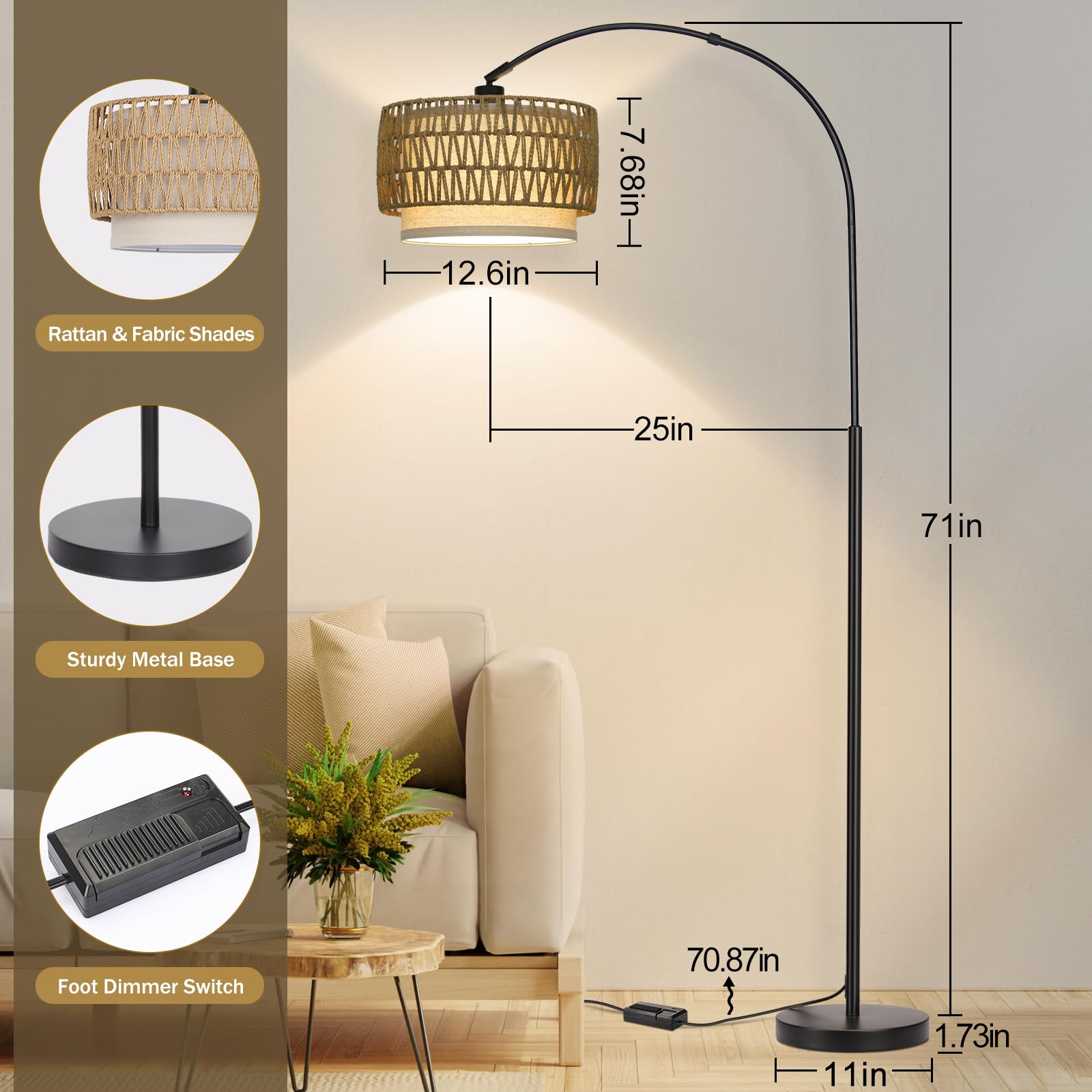 Rattan Floor Lamp, Dimmable Arc Floor Lamps For Living Room, Boho Farmhouse Standing Lamp With Adjustable Head, Tall Pole Lamp R