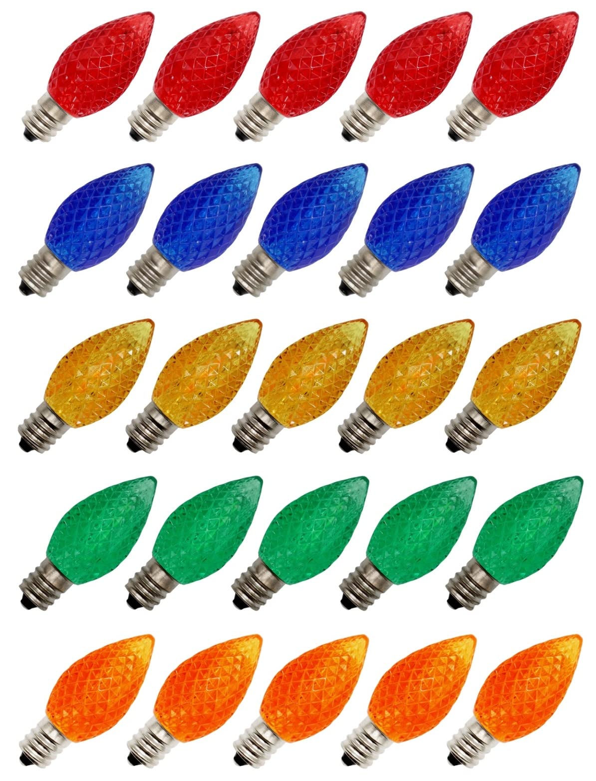 Creative Hobbies Pack of 25 C7 Faceted LED Multicolor Replacement Light Bulb  0.7W LED Vintage Light Bulbs for C7 Outdoor String Lights  Candle Lamps  Night Lights  E12 Candelabra Base