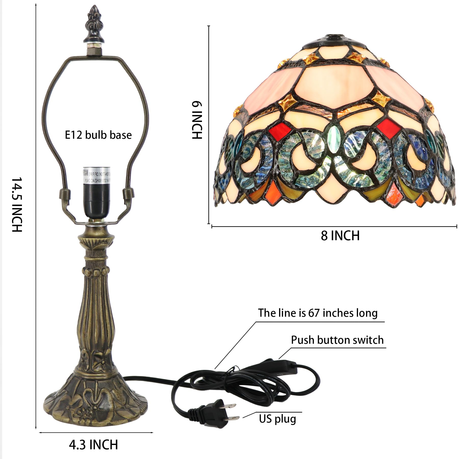 Lxhcyou Small Tiffany Lamp Mini Accent Table Lamp Pink Stained Glass Desk Memory Lamp Sympathy 8X14.5 Inch (Pink Baroque Style)