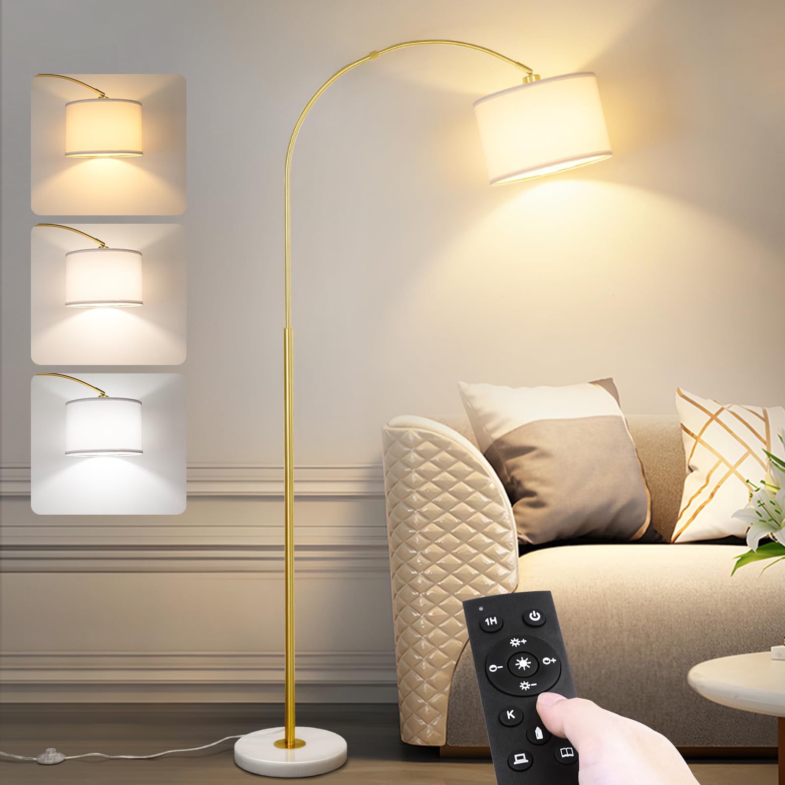 Arc Floor Lamp with Remote, Modern Standing Lamp for Living Room with Stepless Dimmable Bulb, Drum Shade, Foot Switch, Tall Floo