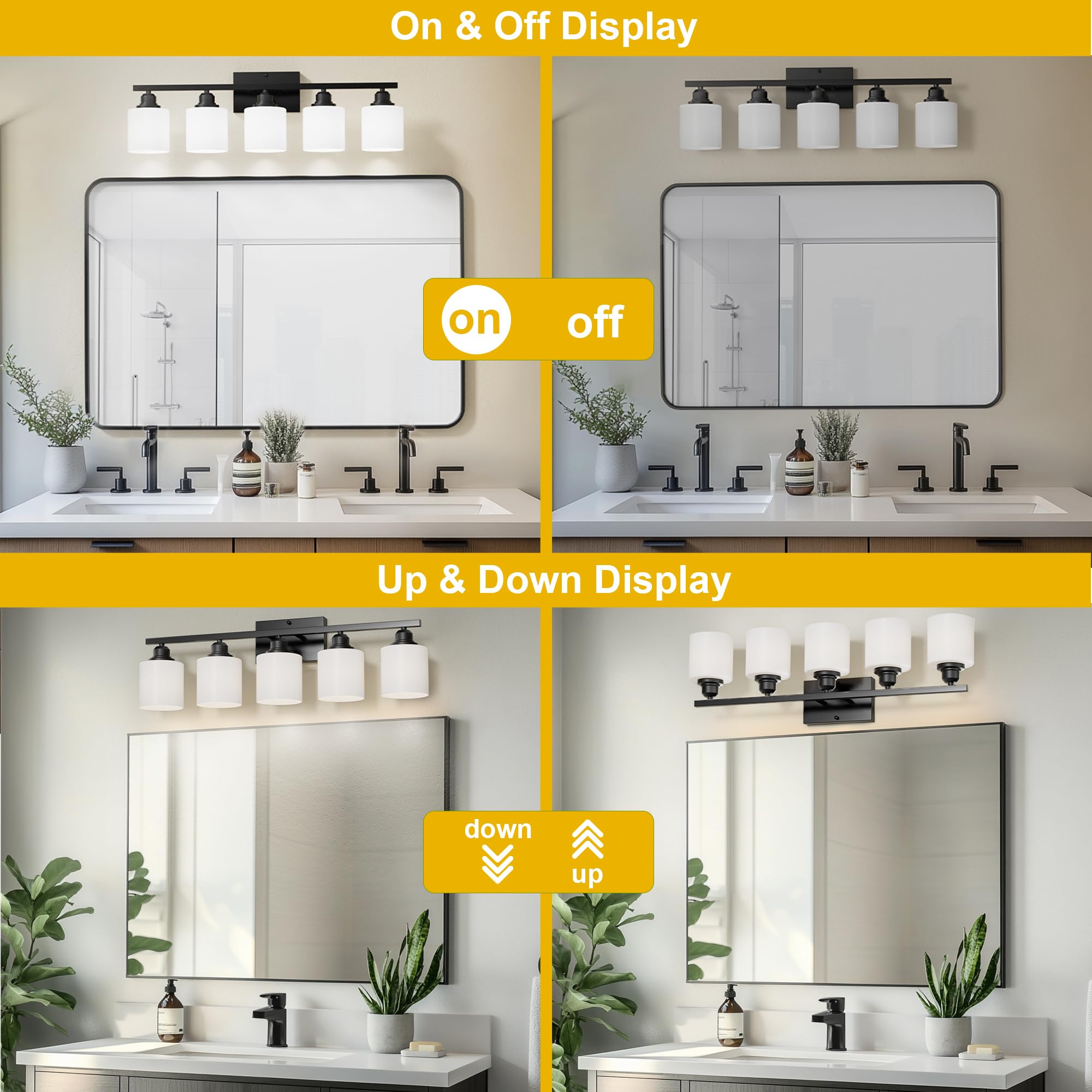 Sailstar 5-Light Bathroom Light Fixtures, Matte Black, Glass Shade, Model CP-JQD-H-001