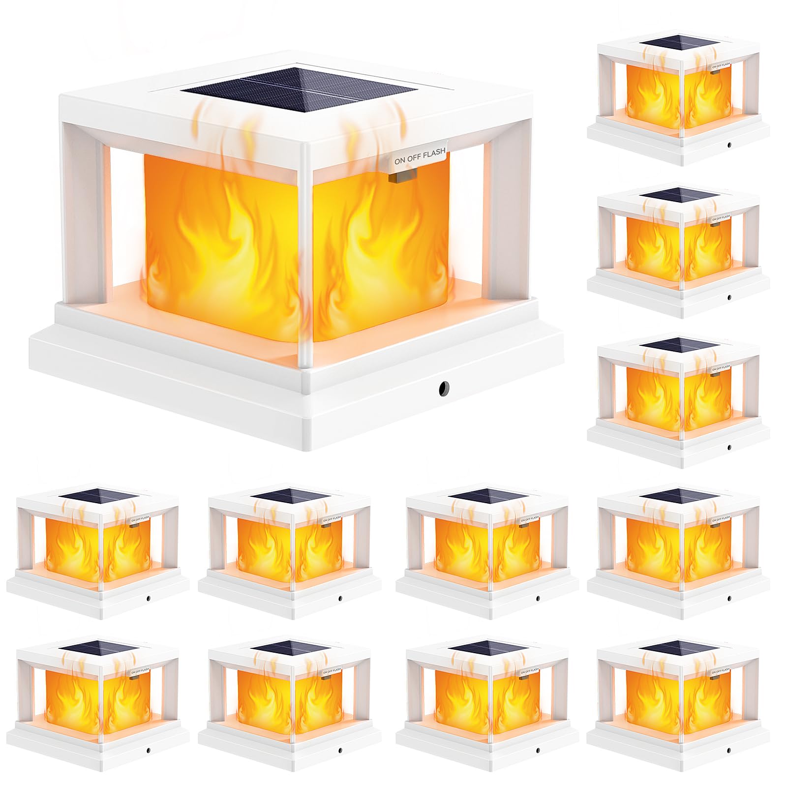 Solar Post Cap Lights Outdoor with Flickering Flame, Waterproof Solar Powered Deck Post Flame Light for 4x4 Wooden/Vinyl, White 