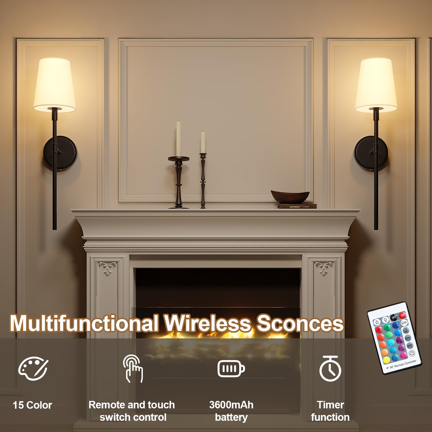 Battery Operated Wall Sconces Set Of 2, Wireless Wall Lights With Remote Control Warm/Natural/Daylight/Rgb 15 Colors Dimmable Re