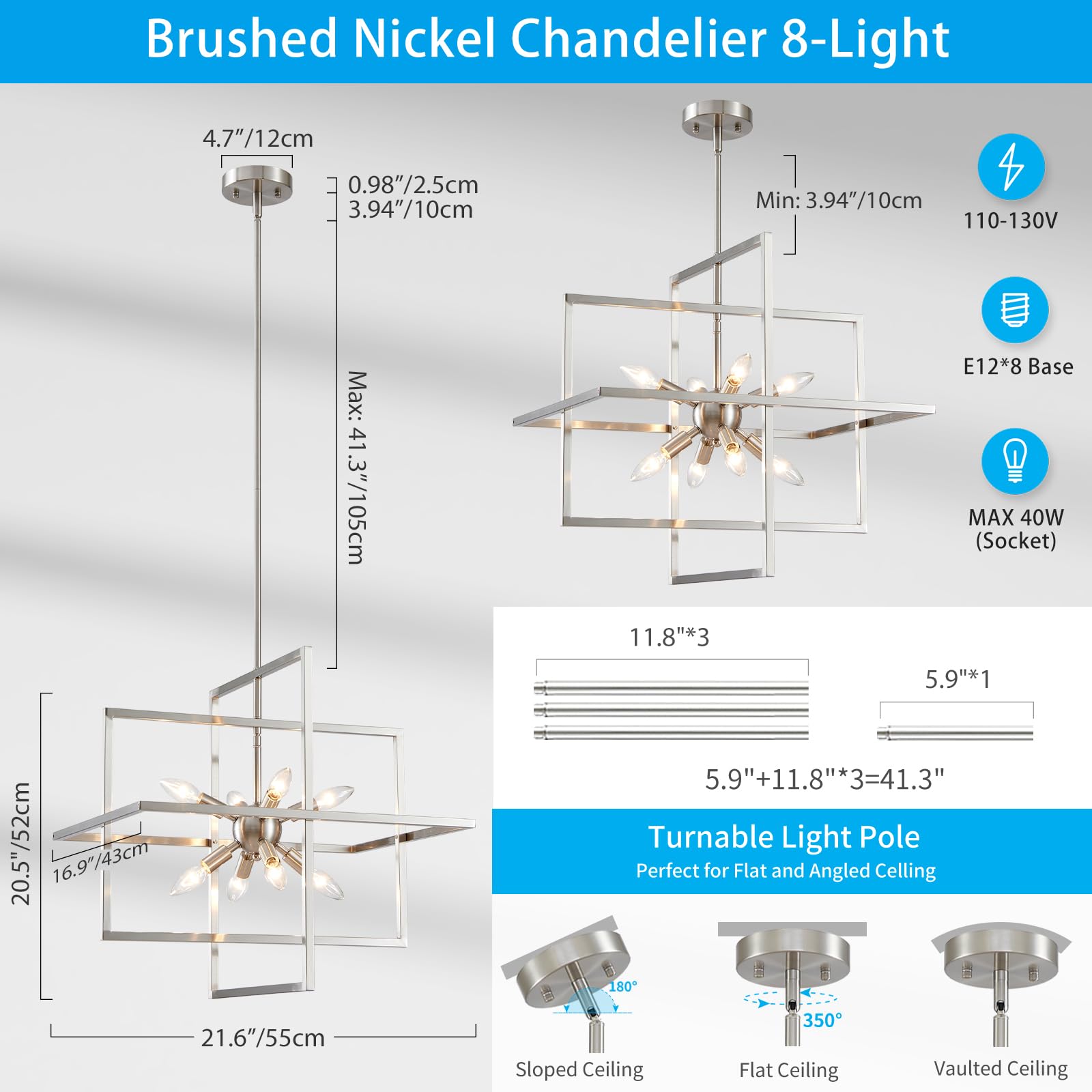 XINGQI Brushed Nickel Chandelier, 8-Light Modern Pendant Lighting for Dining Room, Kitchen, Living Room - Model XY109-BN