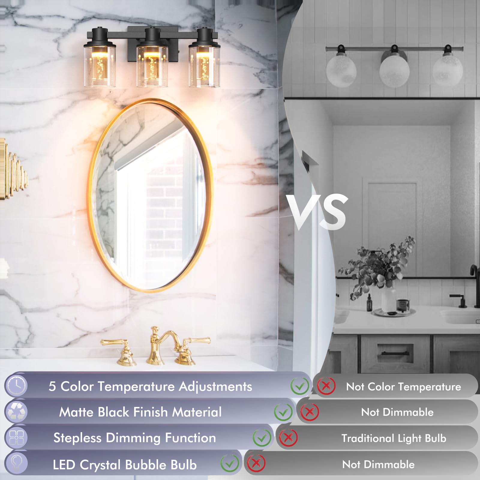 Quntis 3-Light Bathroom Light Fixture, Dimmable LED, 16 Inch, Matte Black, Model LI-HL-0003-3-HEJ, Bulbs Included