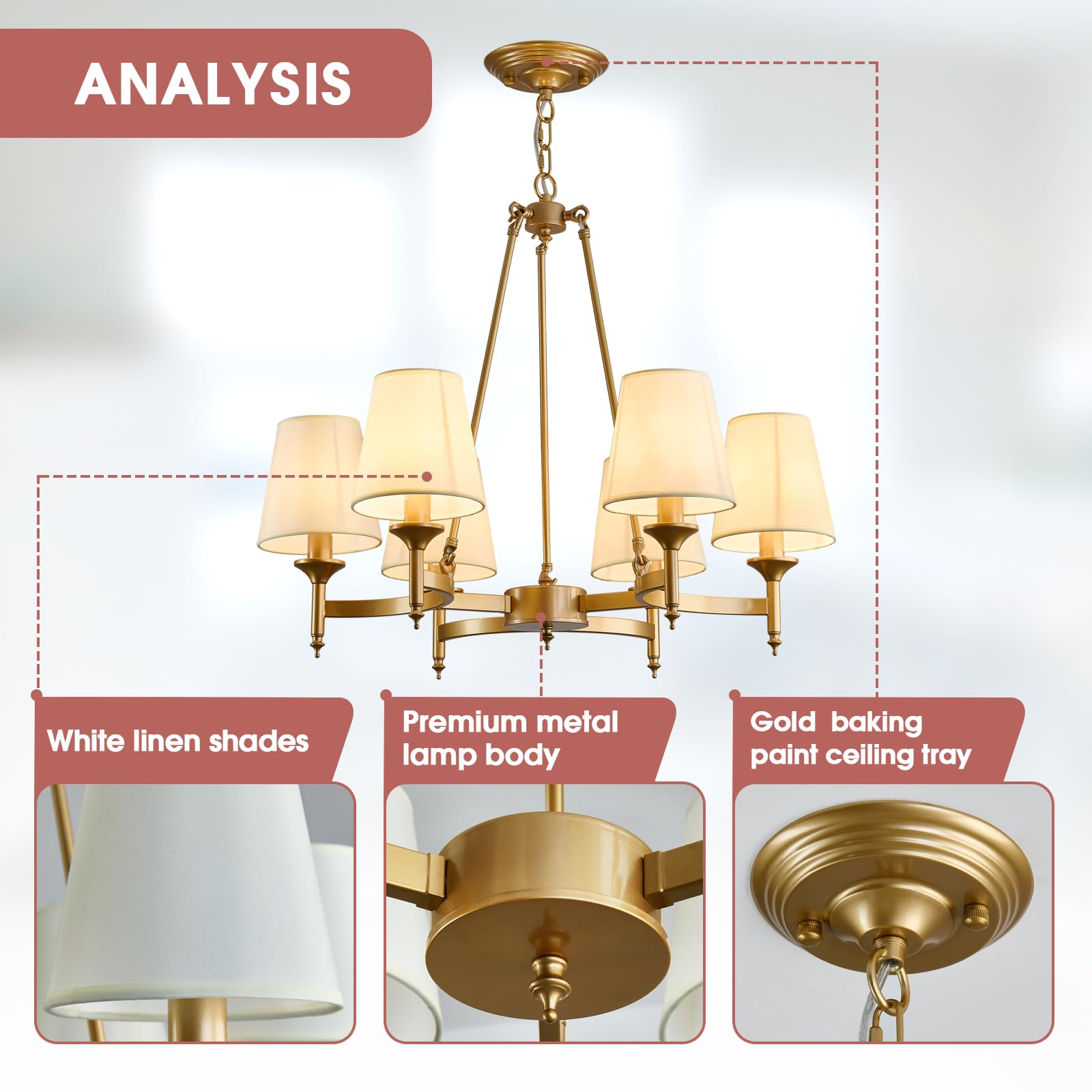 Qgiytp Gold Industrial 6-Light Wagon Wheel Chandelier, Iron with White Linen Shade, 26.8" Pendant Light for Dining Room, Kitchen, Entryway