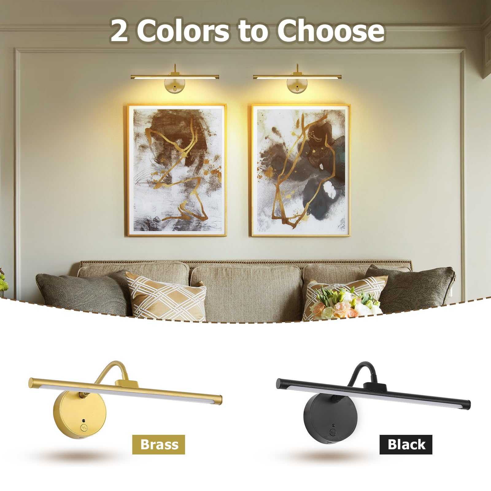 JOOSENLUX Wireless Rechargeable LED Picture Lights - Adjustable Arm, Gold, 12.6 inch, Battery Operated, Remote - 2 Pack