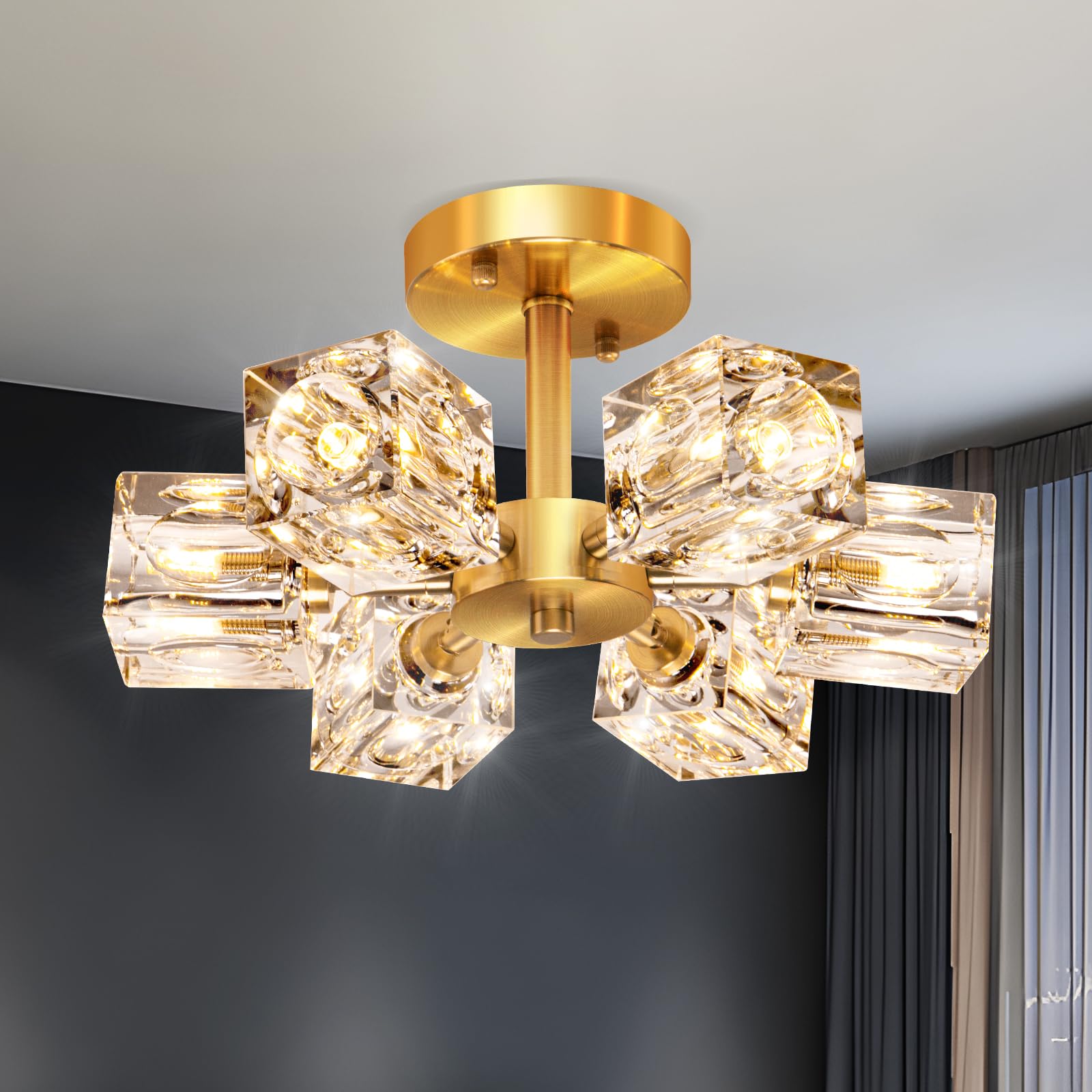 Semi Flush Mount Ceiling Light Fixture Modern 6 Lights Gold Crystal Chandelier,Brushed Nickel Sputnik Chandeliers for Hallway En