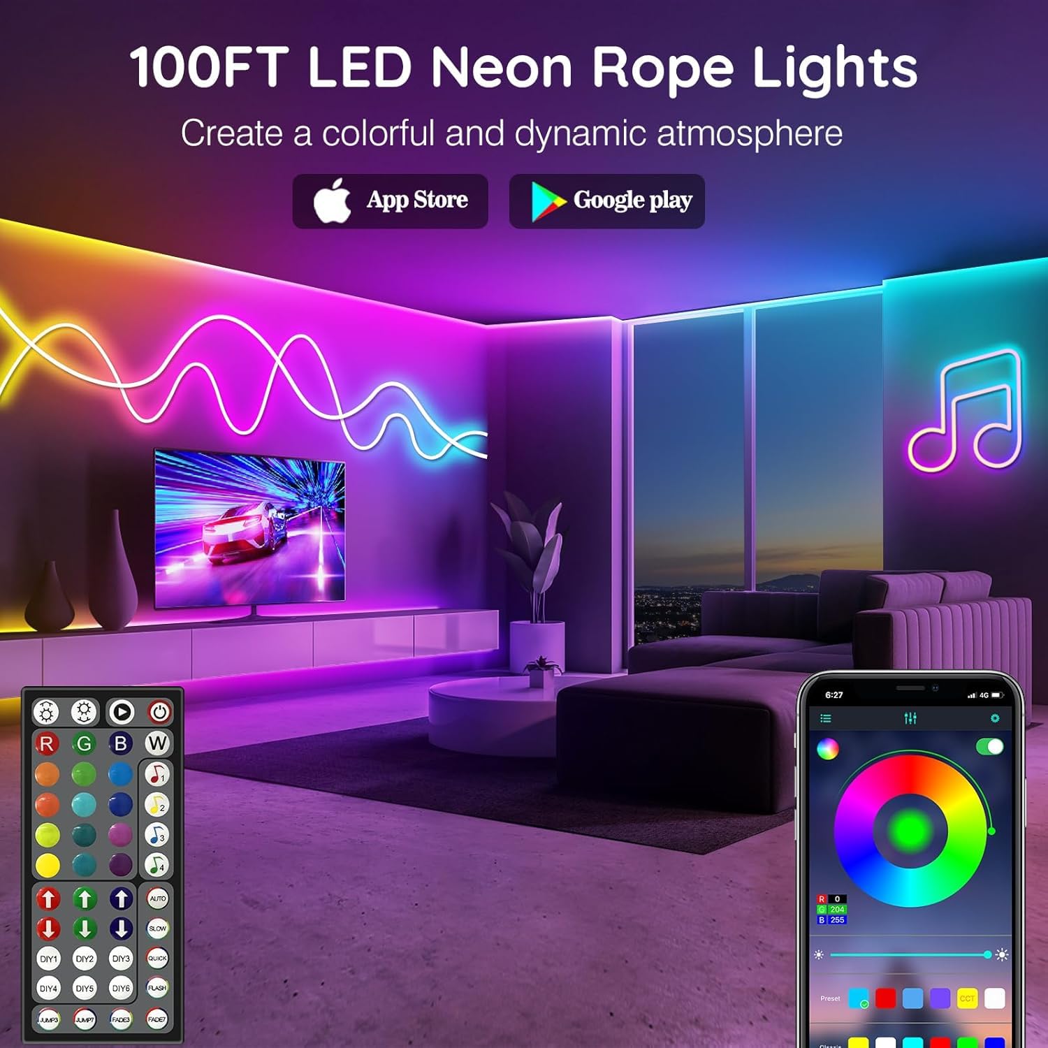 LETIANPAI 100FT RGB Neon Rope Lights, App/Remote Control, Waterproof Music Sync LED Strip for Bedroom Decor