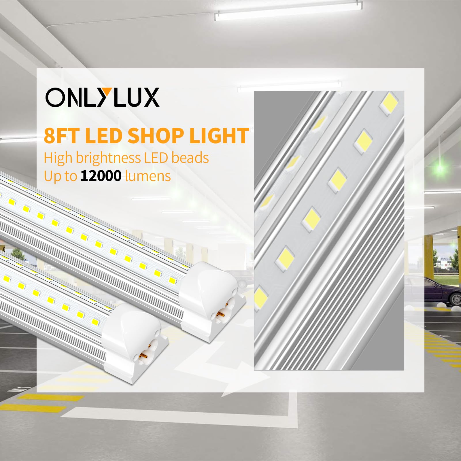 ONLYLUX 8ft LED Shop Light - 90W, 12000lm, V Shape, Aluminum, 5000K, 10 Pack