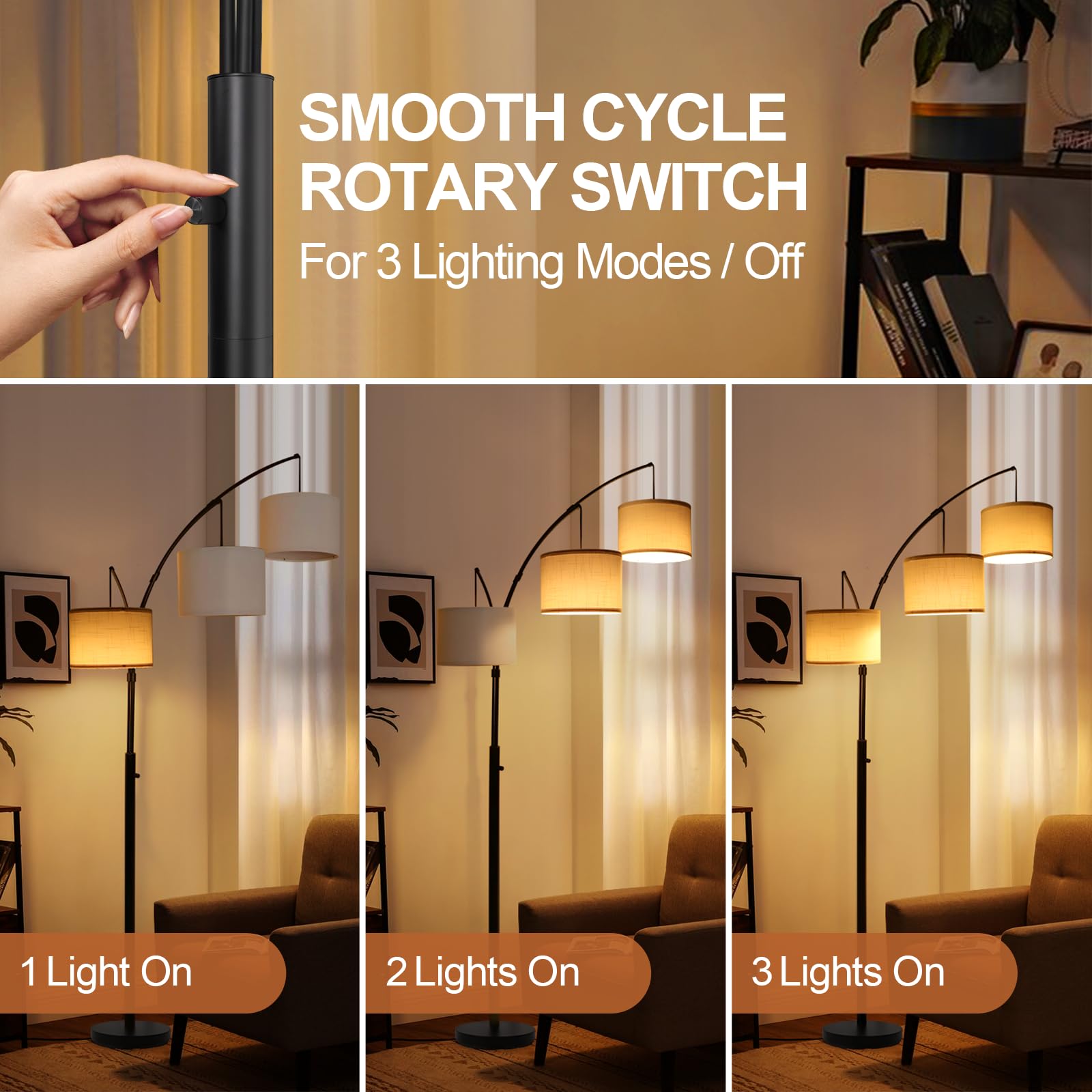 Outon Arc Led Floor Lamp, Modern Black 3 Light Tall Floor Lamp For Bedroom, 2400Lm Mid Century Adjustable Standing Corner Lamps