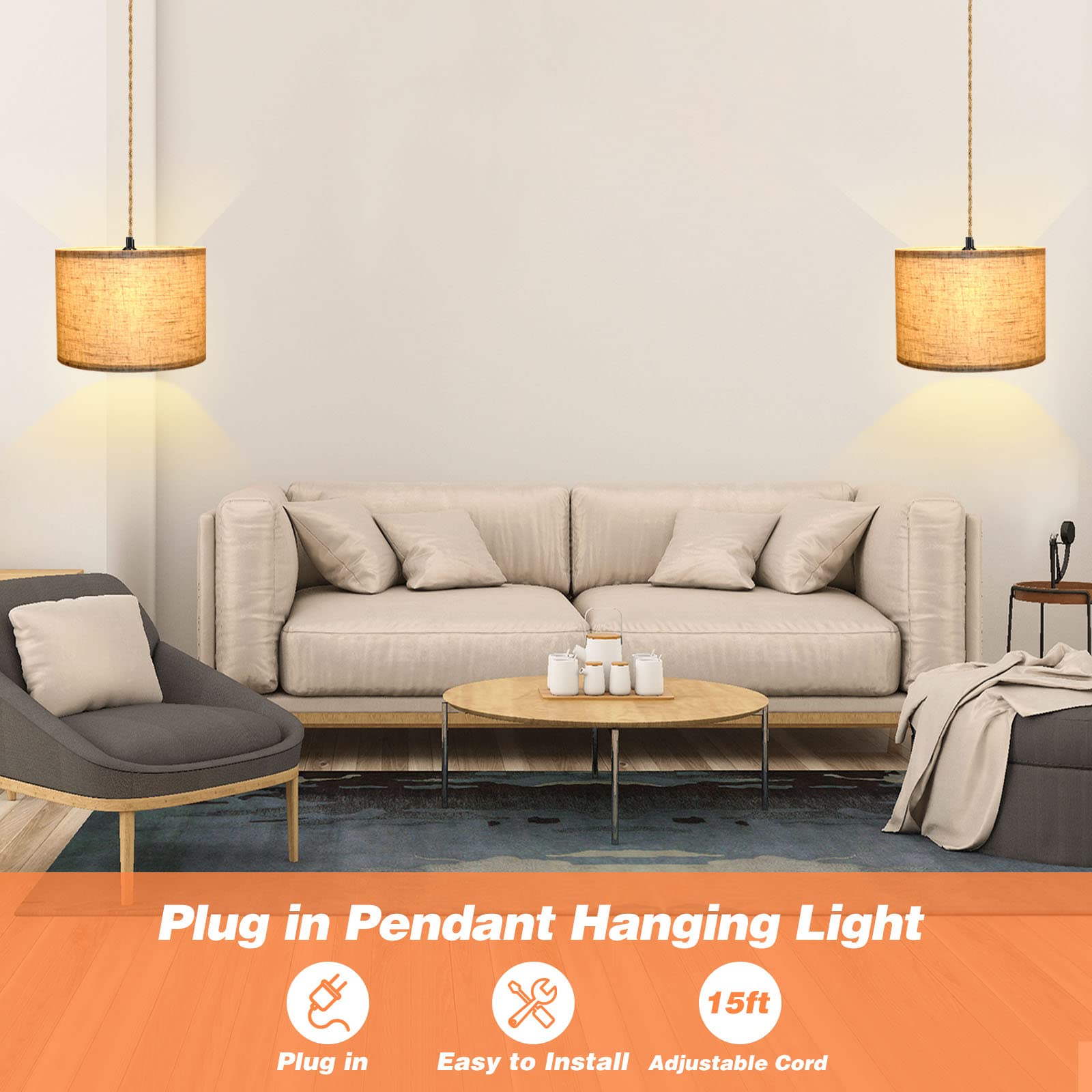 Kuaugst Plug In Pendant Light, Beige Linen Shade, 15Ft Hemp Rope, 2 Pack For Bedroom & Dining