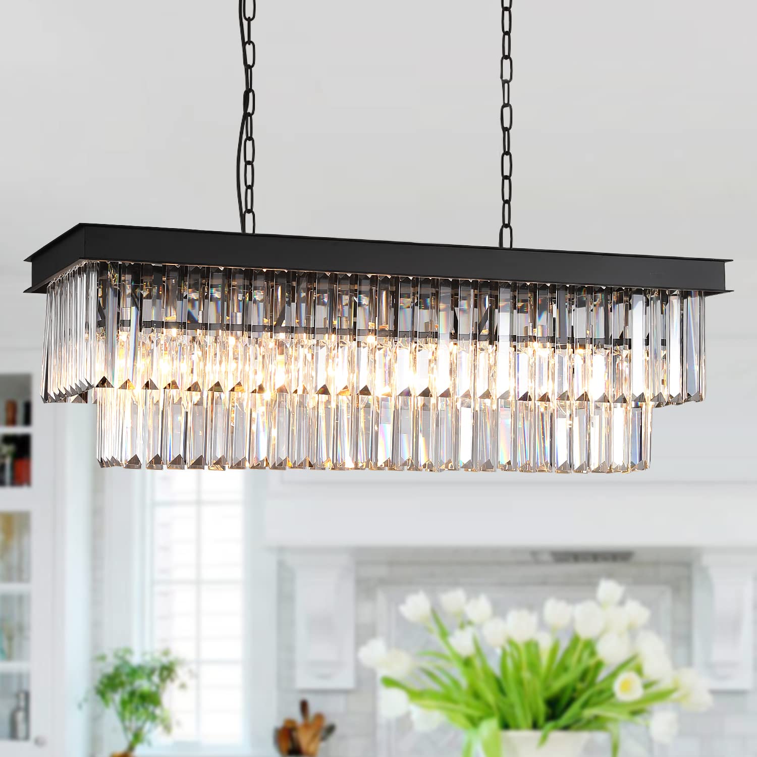A Axilixi Crystal Chandelier For Dining Room,Rectangular Black Chandelier Modern Rectangle Pendant Light Fixtures For Kitchen Island L33” K9 Contemporary Long Chandelier