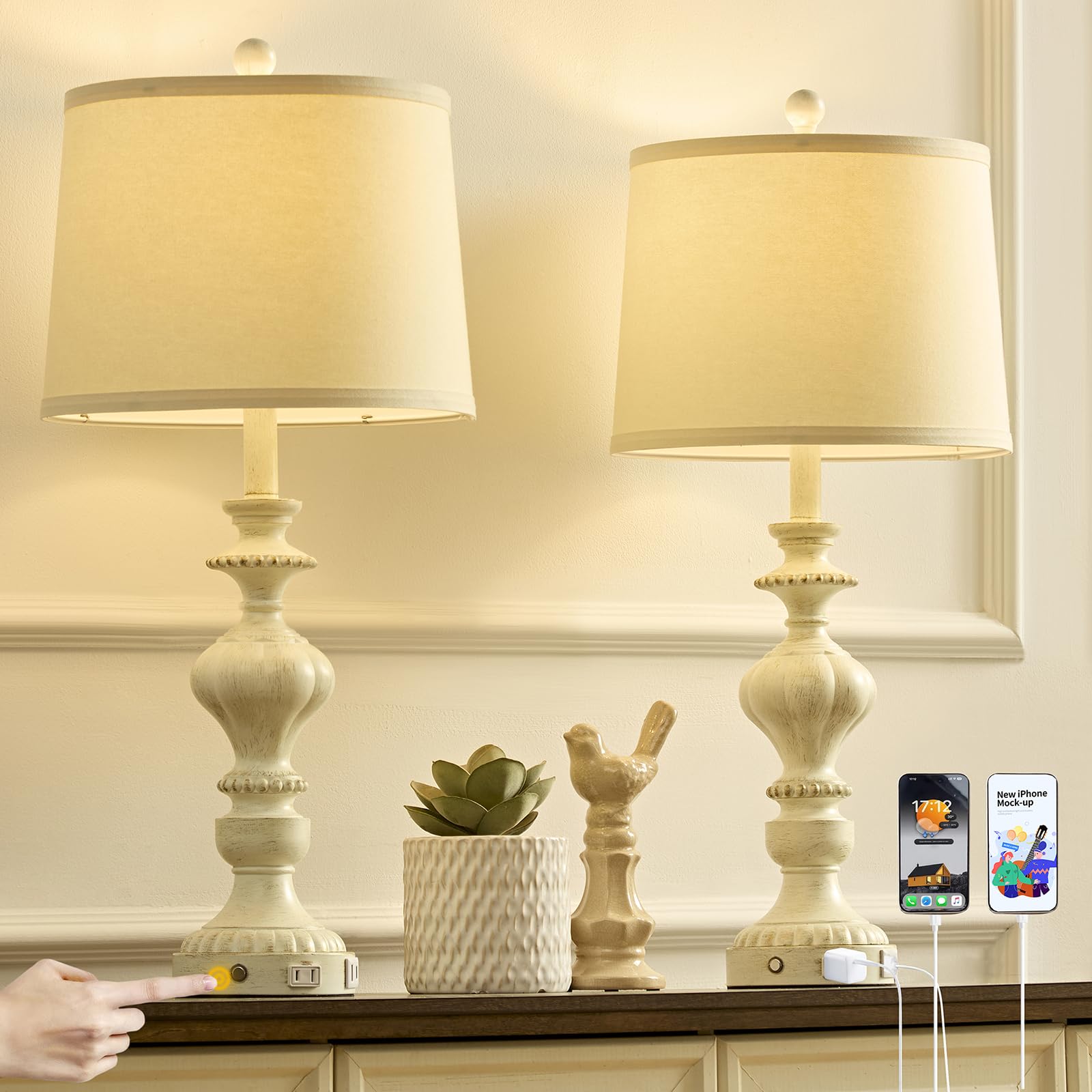 SAIWEYA 27.5'' Farmhouse Table Lamps Set of 2 Bedside Lamp with USB C+A Ports & AC Outlet, 3 Way Dimmable Touch Lamps for Living