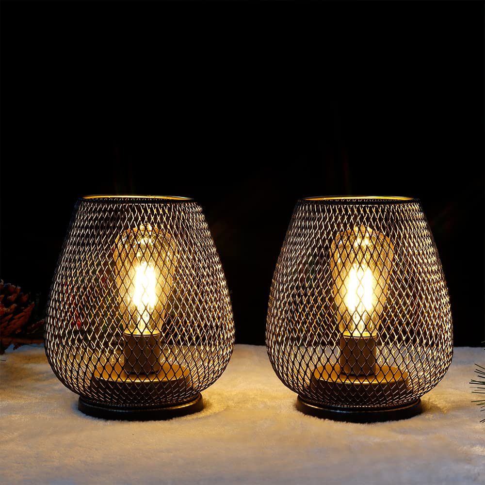 TRIROCKS Set of 2 Outdoor Lanterns, 6.5in  High, Metal, Cordless Battery Operated, LED Edison Bulb, Brown, Model TRC30602