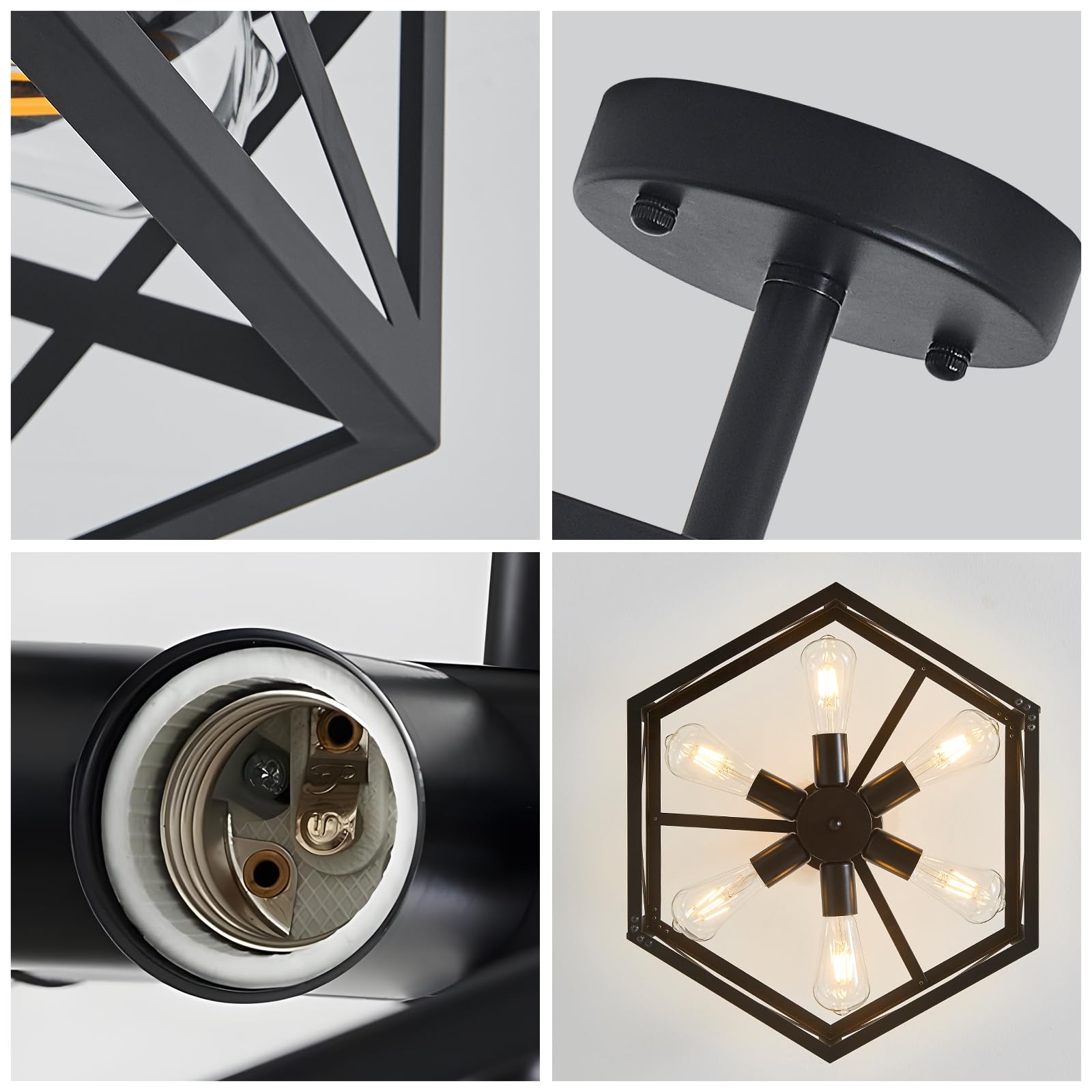 Oteedo Modern Semi Flush Mount Ceiling Light 19.7 6-Light Hexagon Flush Mount Ceiling Lights For Dining Room Light Fixture Farmhouse Black Metal Kitchen Island Lighting Fixtures For Hallway Bathroom