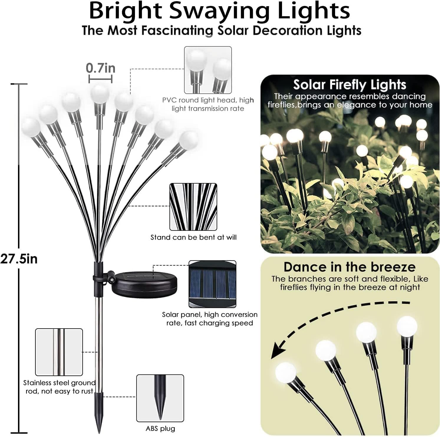 Ozs 10Pack 80Led Solar Garden Lights - Outdoor, Swaying Lights, Waterproof For Garden Pathway Decoration (Cool White)