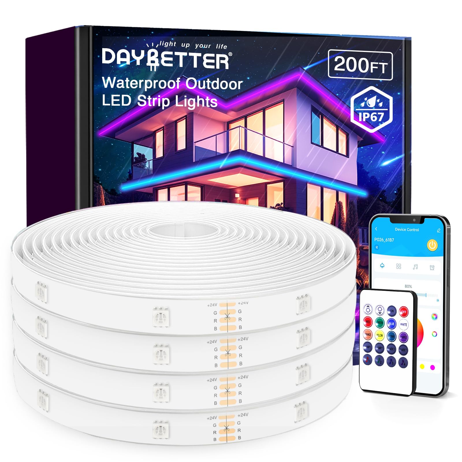 DAYBETTER Outdoor LED Strip Lights, 200ft IP67 Waterproof, Multicolor, App Control, Music Sync, Model TTGA002