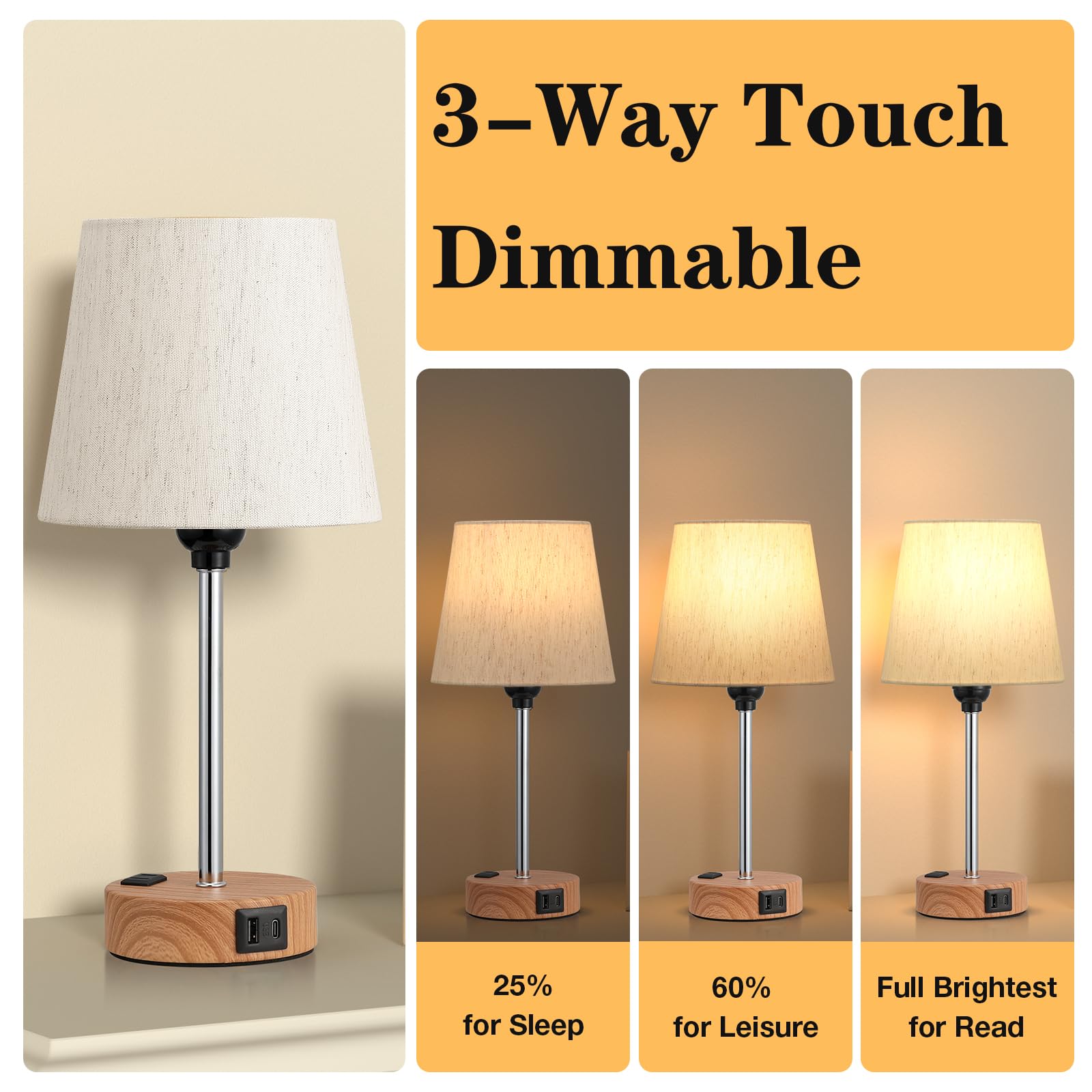 Acaxin Bedside Lamps For Bedrooms Set Of 2 - Nightstand Bedroom Lamp With Usb C Port And Ac Outlet Charging, 3 Way Dimmable Touc