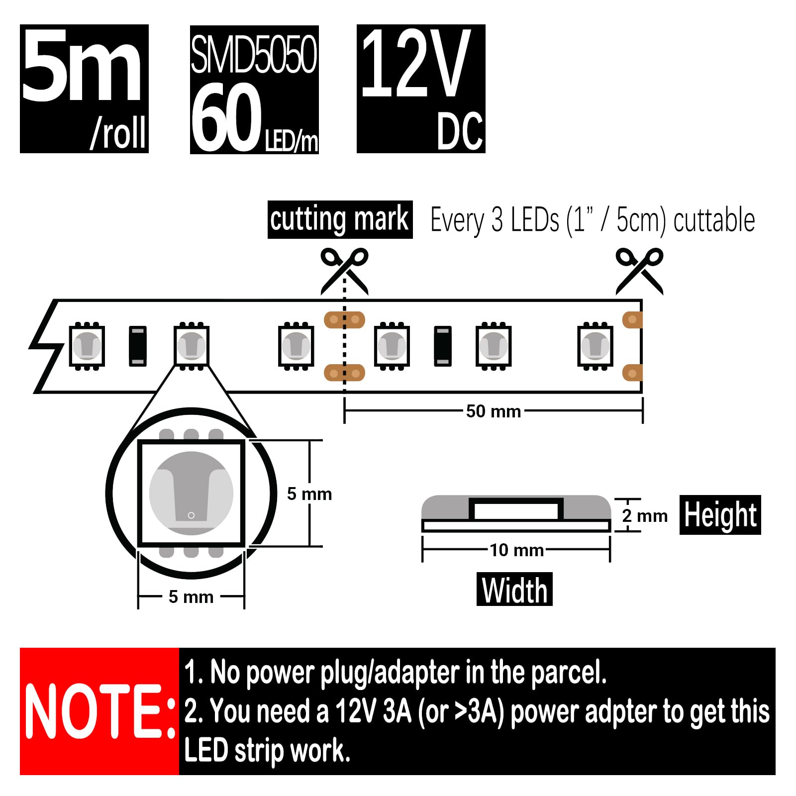 Hauty Waterproof Ice Blue Led Strip Light, 16Ft/5M Smd5050 300 Leds Dc12V Flexible Cuttable Led Tape (No 12V Power Plug/Adapter)