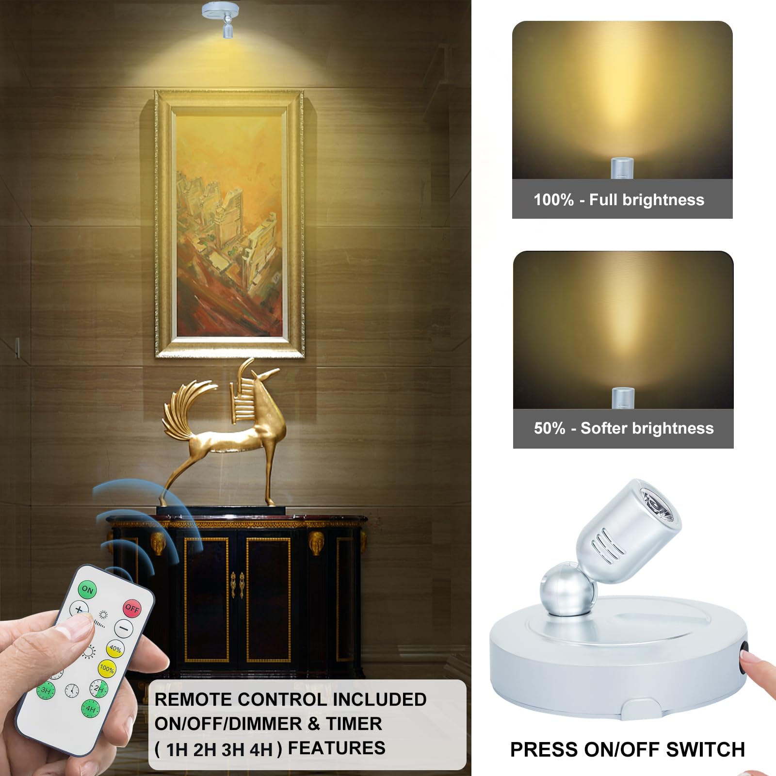 Hamvidne Indoor Led Spotlight, Battery Operated Spotlights With Remote, Picture Lights For Wall, Plant Tree Up Light With Timer,