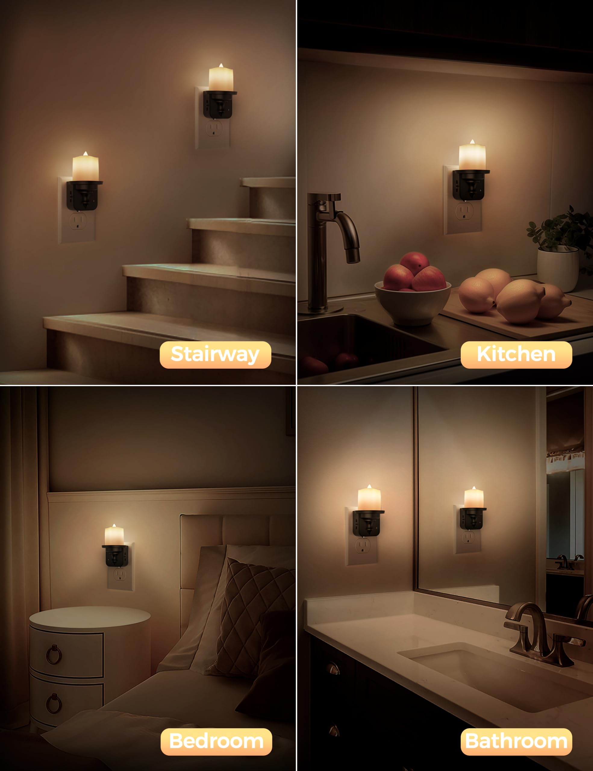 Briignite Flameless Candle Night Light 2 Pack, LED with Light Sensor, Dimmable 0-100LM, 3000K Soft White, Warm Color
