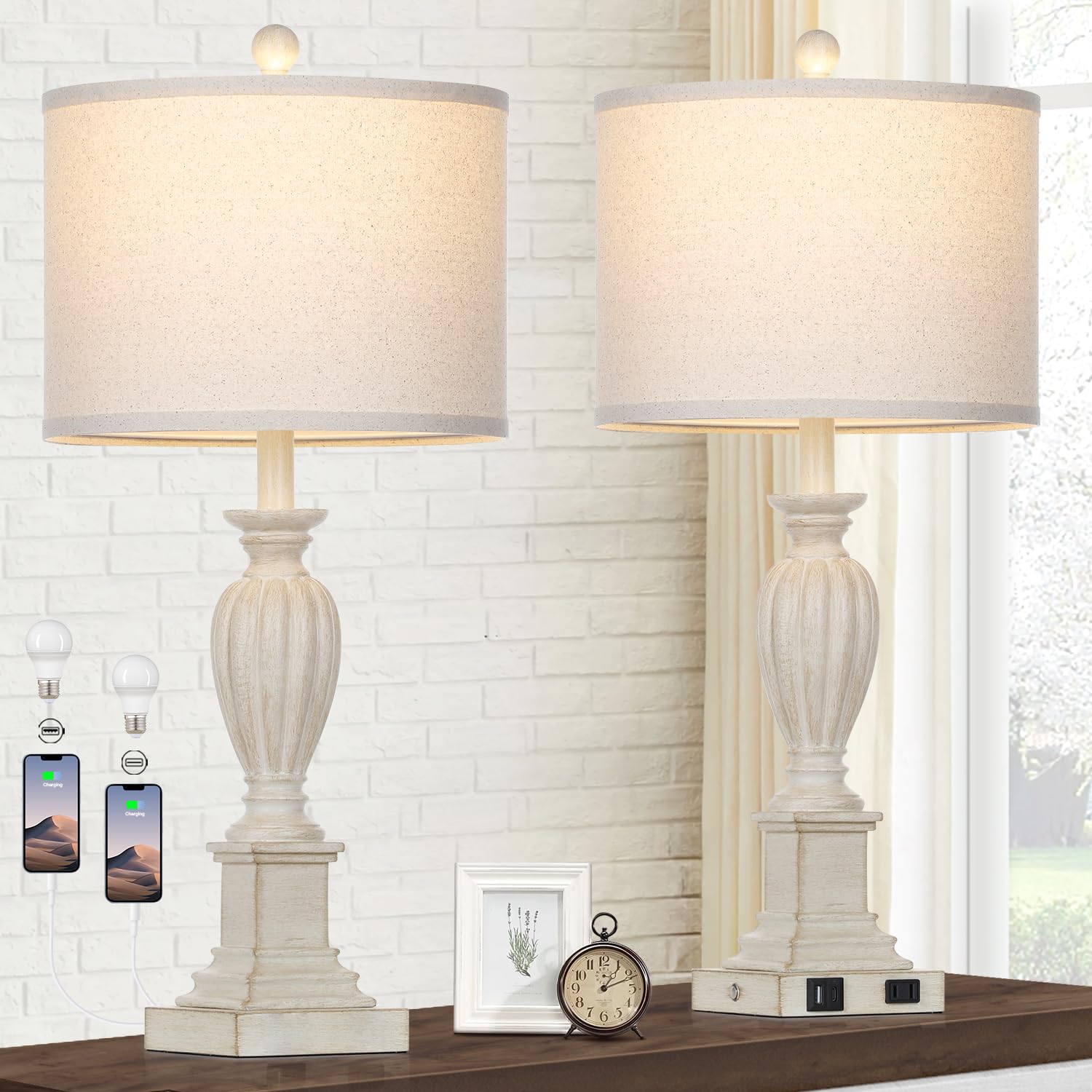 Cinyirong 27'' Farmhouse 3 Way Dimmable Touch Table Lamp Set of 2 Rustic Classic Bedside Nightstand Wood Lamps for Living Room B