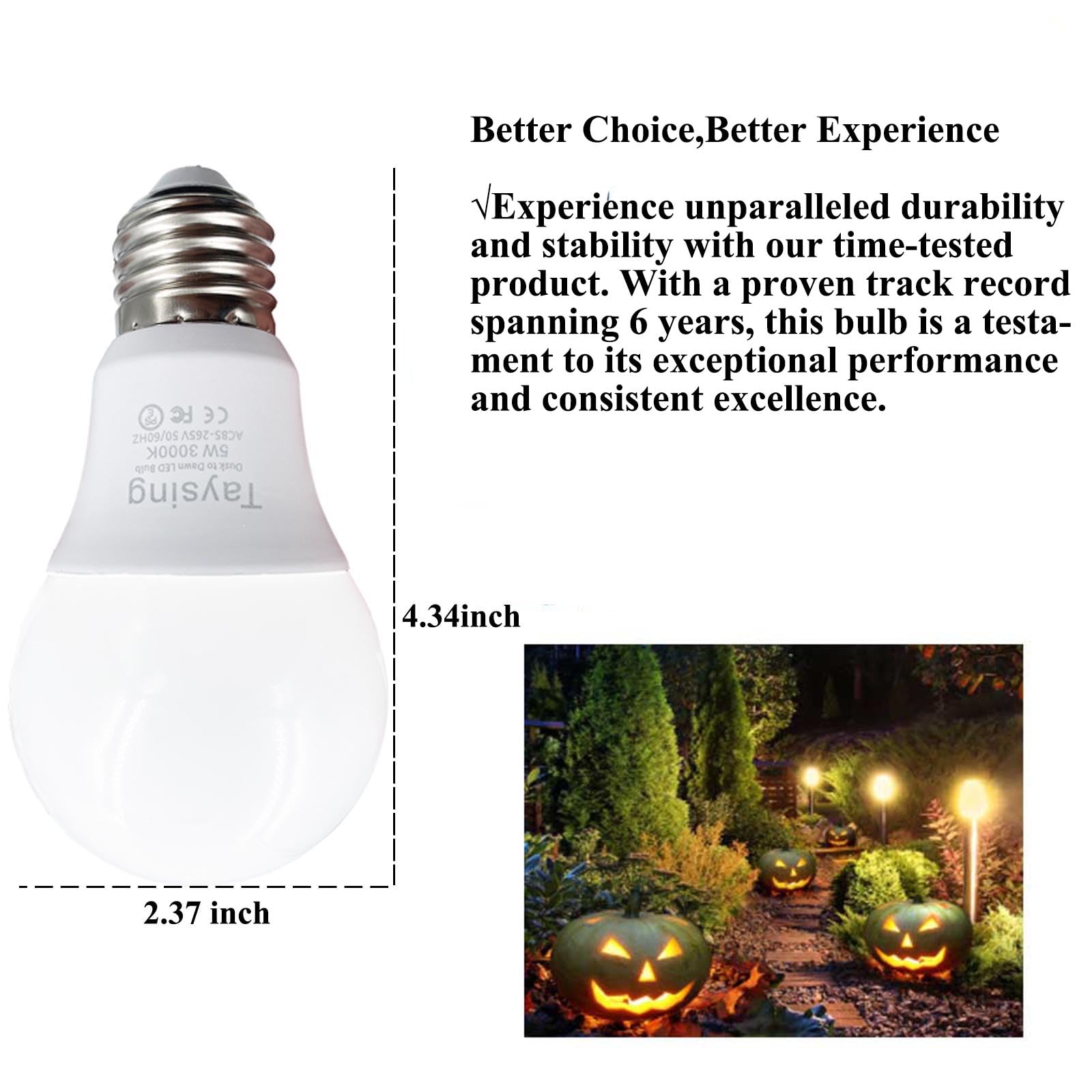 Taysing Smart Dusk to Dawn LED Light Bulbs, 40W Equivalent, Soft White, 5W, 500lm, E26, 2 Pack, Auto On/Off Security