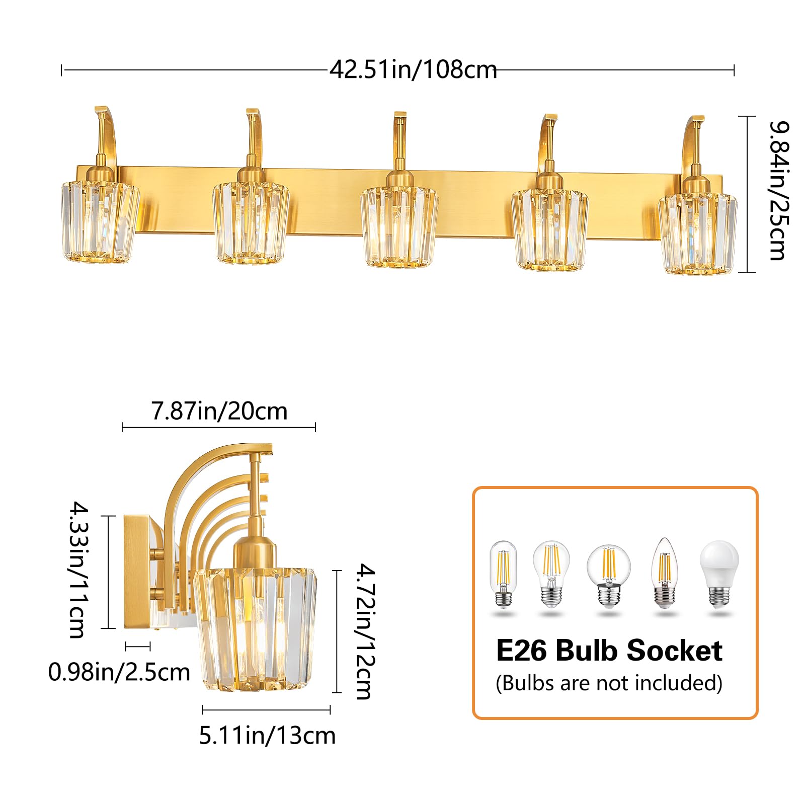 Fdpby Modern Bathroom Vanity Light  5-Light Gold Wall Sconce With Crystal Accents  Over Mirror Bathroom Lighting Fixture  42.52 Long Dimmable Vanity Lamp For Makeup  Easy Installation