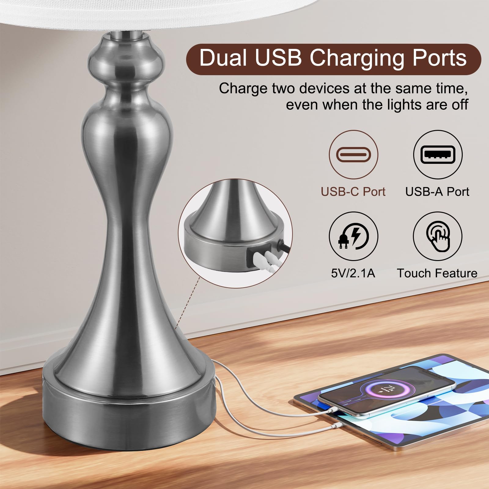 Seealle Touch Lamps For Night Stands - Bedside Lamps Set Of 2, 3 Way Dimmable, Usb C+A For Bedroom & End Tables (White&Nickel)