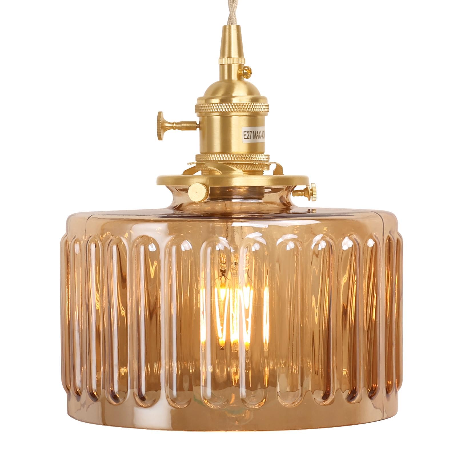 Shenmoyl Pendant Light with Amber Striped Glass Lmapshade, Brass Vintage Pendant Light Adjustable Hanging Light for Kitchen Isla