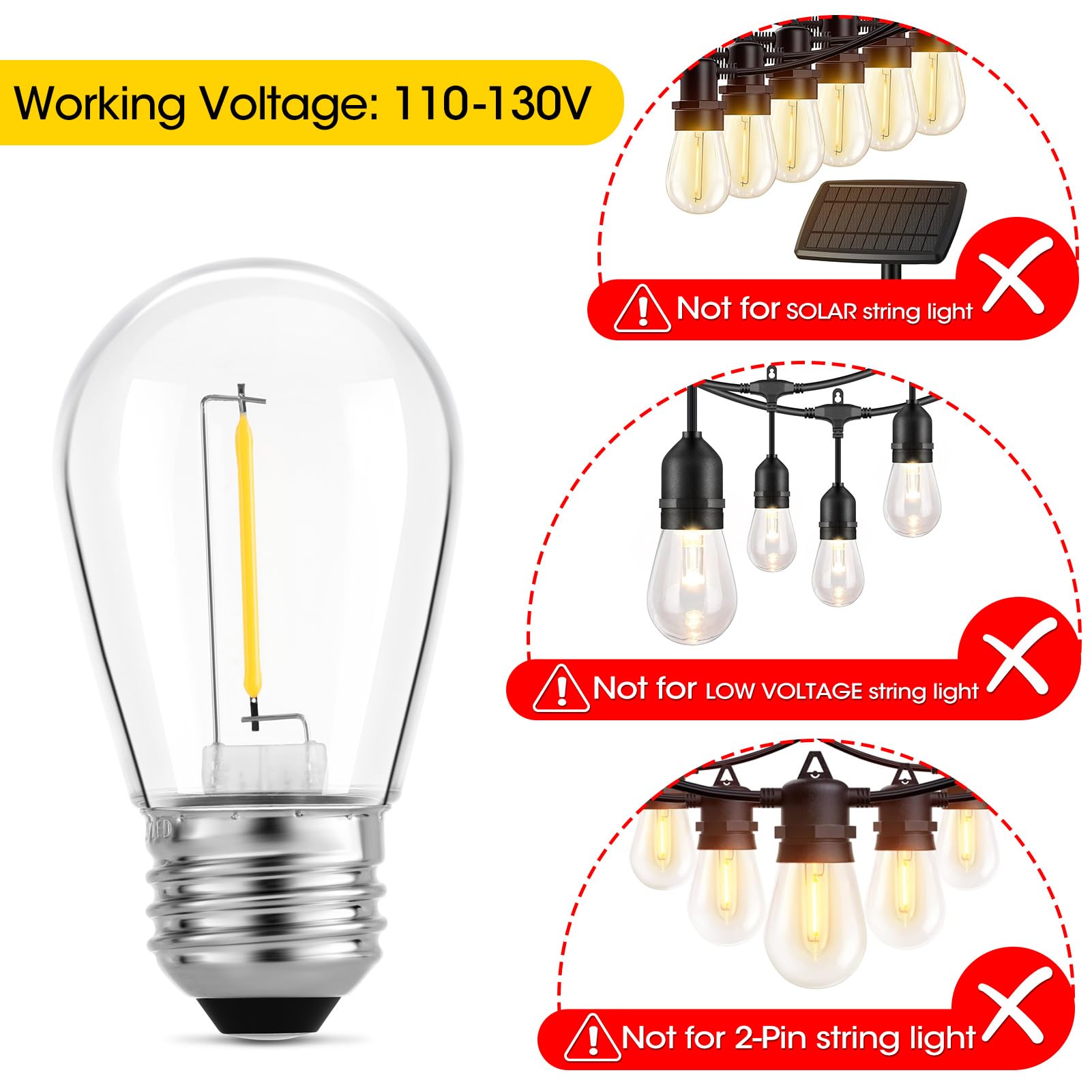 Meconard Outdoor Patio String Light Bulbs, Shatterproof Waterproof S14 LED Replacement Bulbs for Outdoor String Lights, 1W LED B