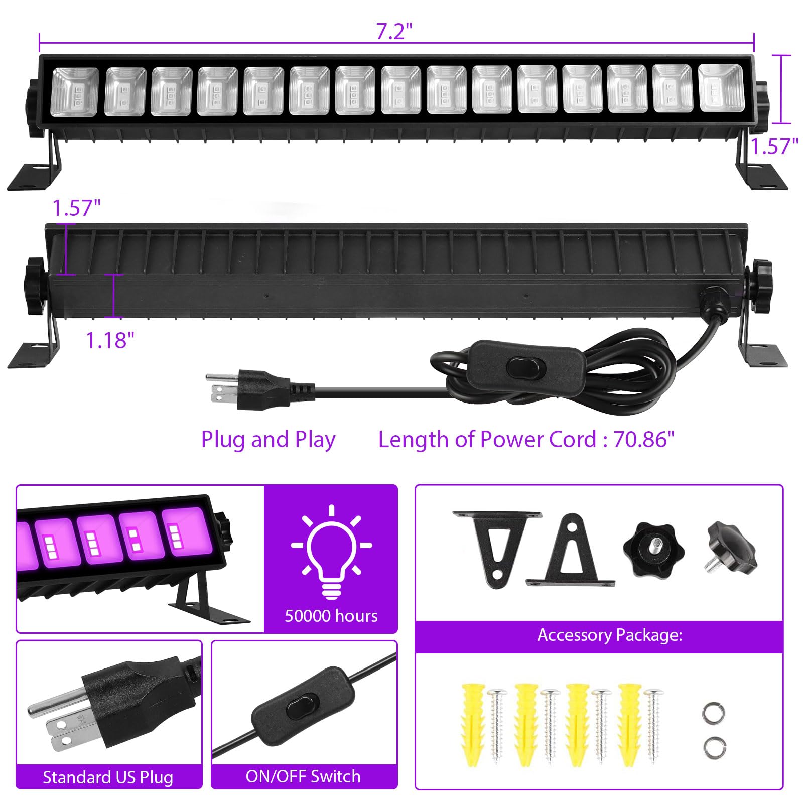 Isuerfy 3 Pack Ip66 Waterproof 36W Black Light Bar - Fluorescent Party & Game Room Lighting