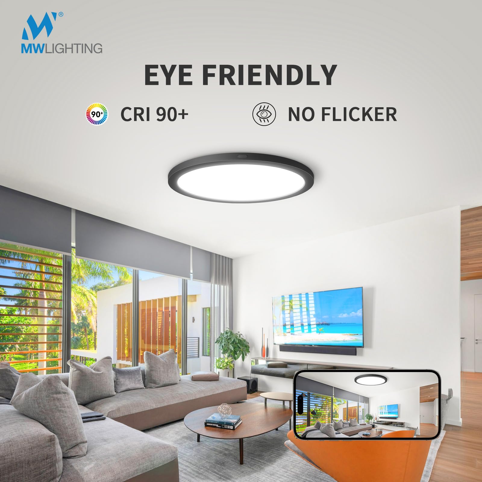 2 Pack Led Flush Mount Ceiling Lights, 9 Inch Round Black Ceiling Light, 20W 120V 5Cct 2700/3000/3500/4000/5000K, Dimmable Slim