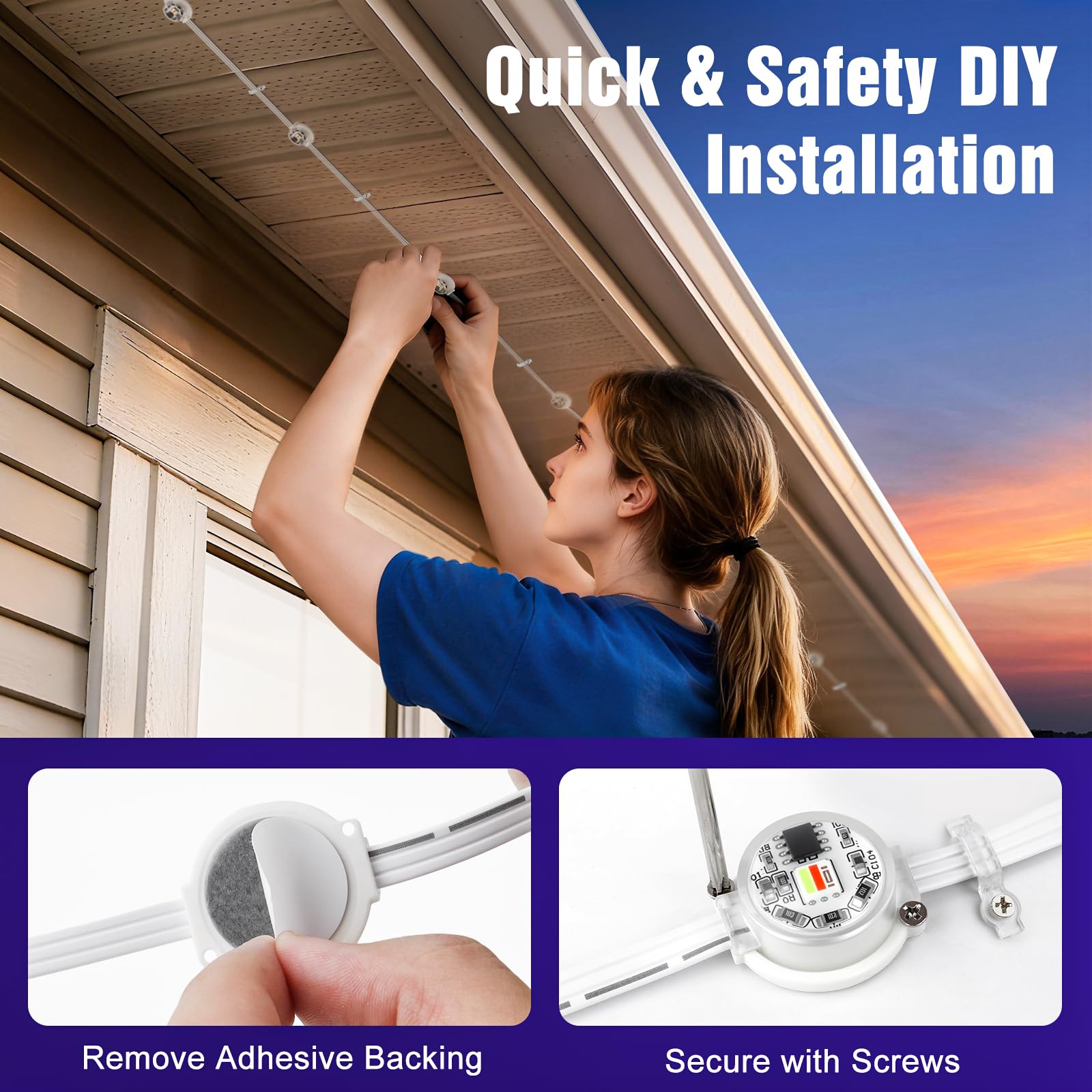 JOH 200FT RGB+IC Smart LED Outdoor Lights, App/Remote Control, IP67 Waterproof, White, Model MDL2515-01