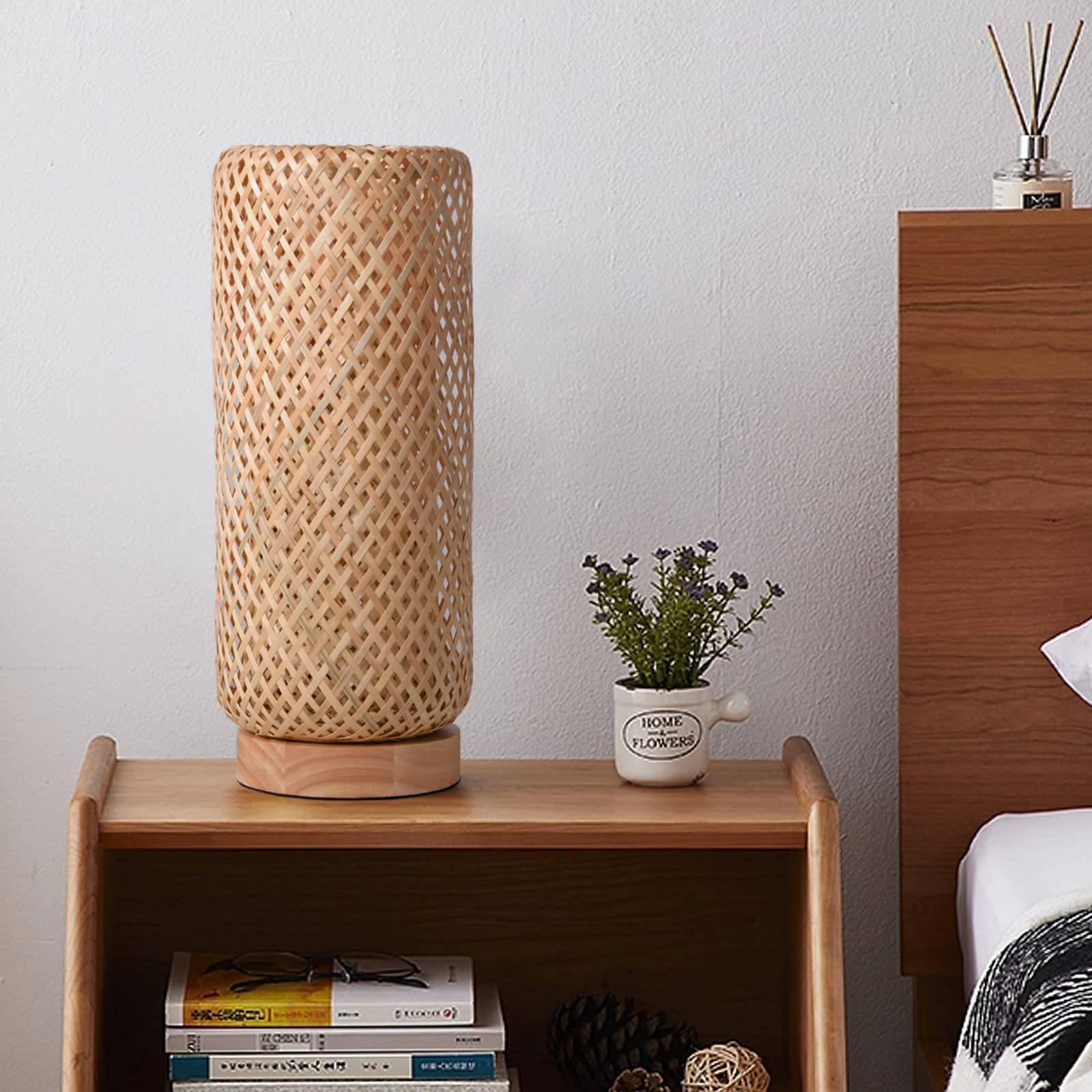 Arturesthome Bamboo Desk Light Woven Boho Beside Lamp Vintage Wicker Wooden Nightstand Lamp For Living Room,Kids Room,Nursery Ro