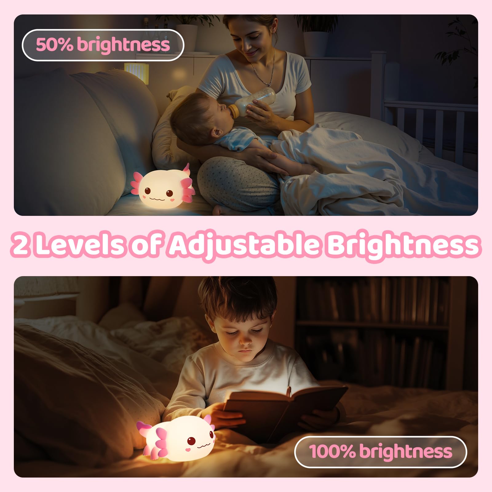Caaaat Axolotl Night Light for Kids, 2 Level Dimmable Lamp, Huggwaii Silicone Kids Night Light, Cute Bedside Touch nightlight,12