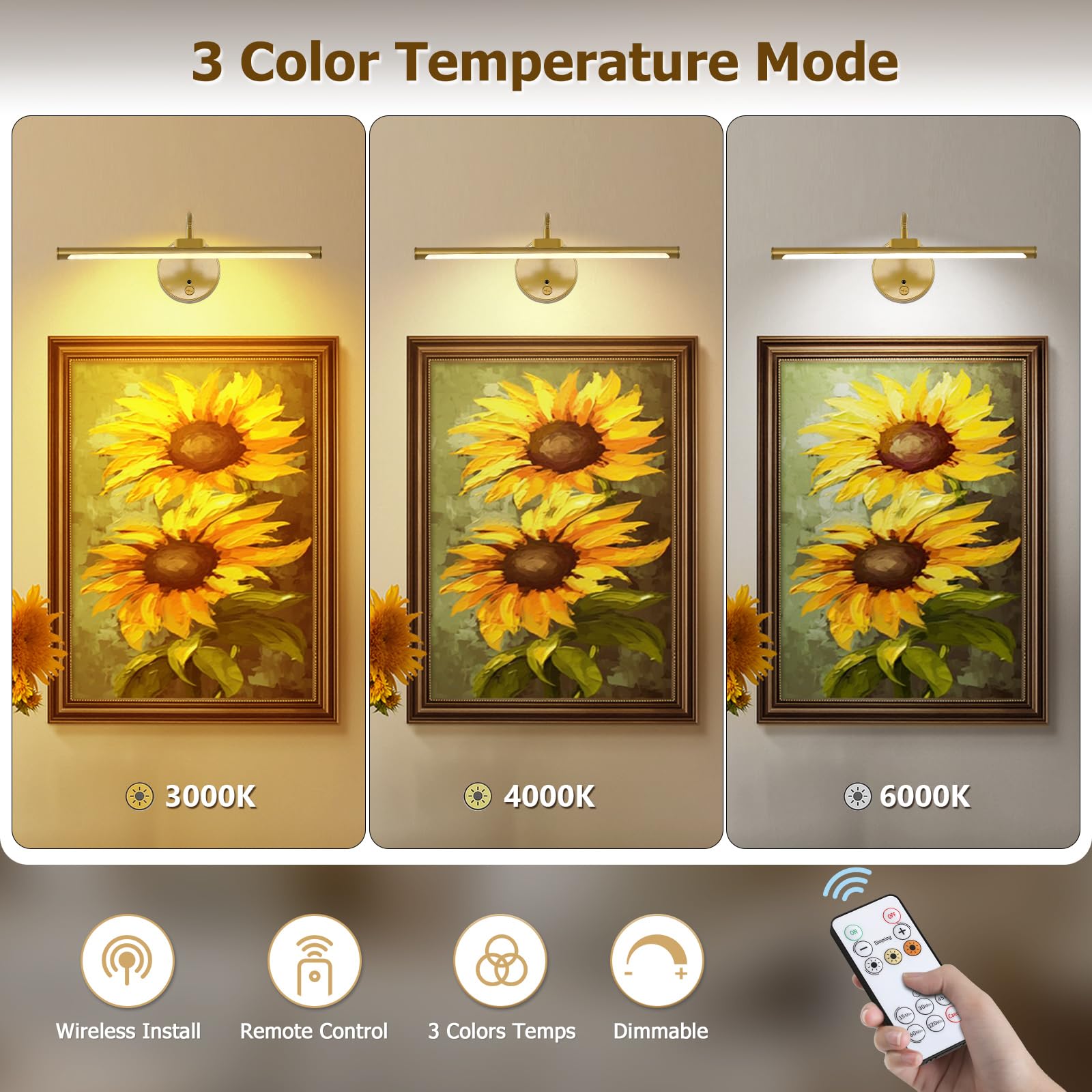 JOOSENLUX Wireless Rechargeable LED Picture Lights - Adjustable Arm, Gold, 12.6 inch, Battery Operated, Remote - 2 Pack