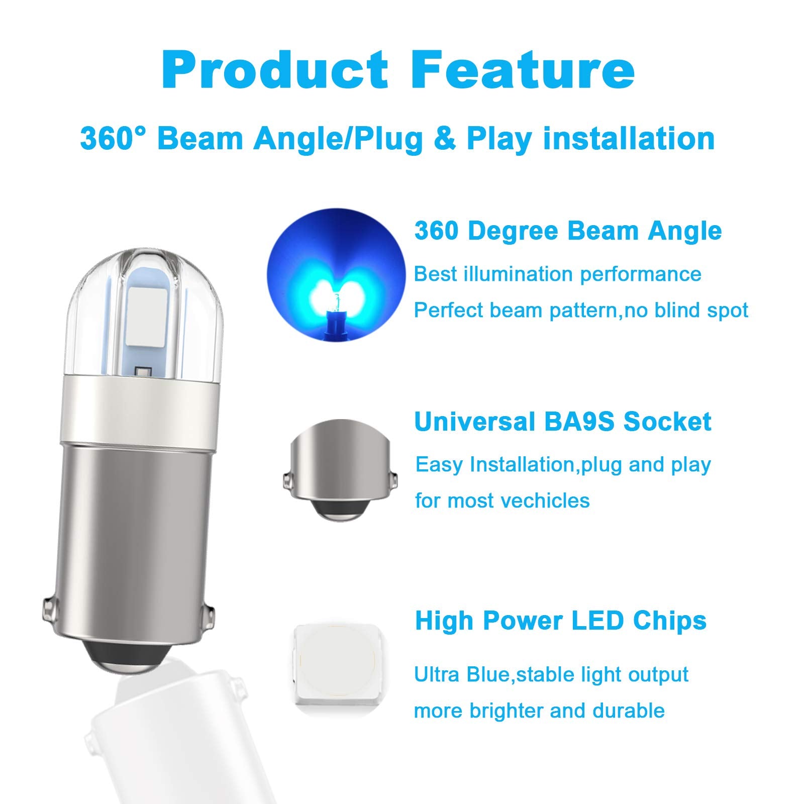 Serundo Auto BA9S LED Bulb, 2SMD 3030 Chips, Pack of 10, Blue, for Car Interior Dome Map License Plate Light