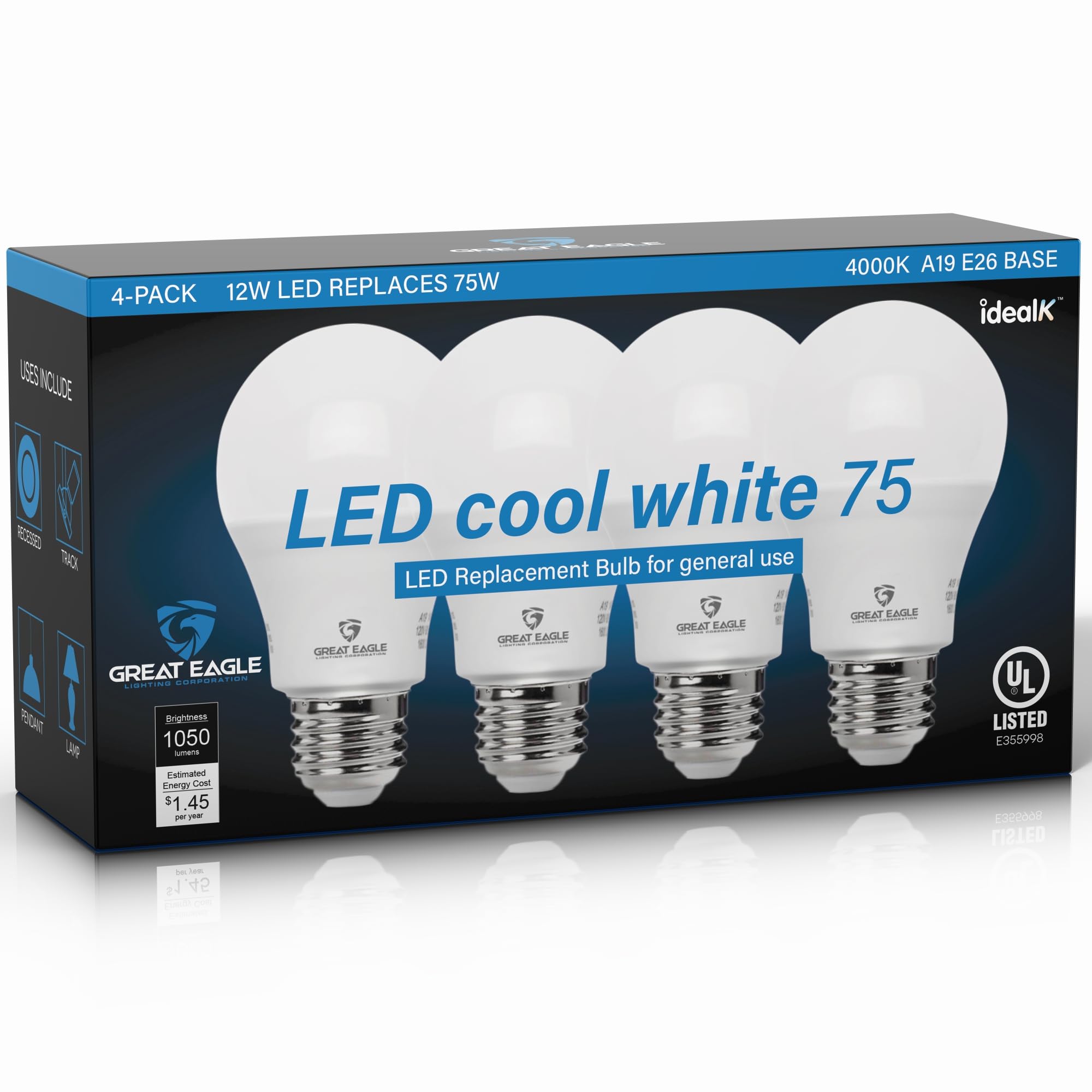 Great Eagle A19 Led Bulbs 75 Watt Equivalent - Ul Listed - Cool White 4000K 75 Watt Led Light Bulbs - Non Dimmable - Standard Re