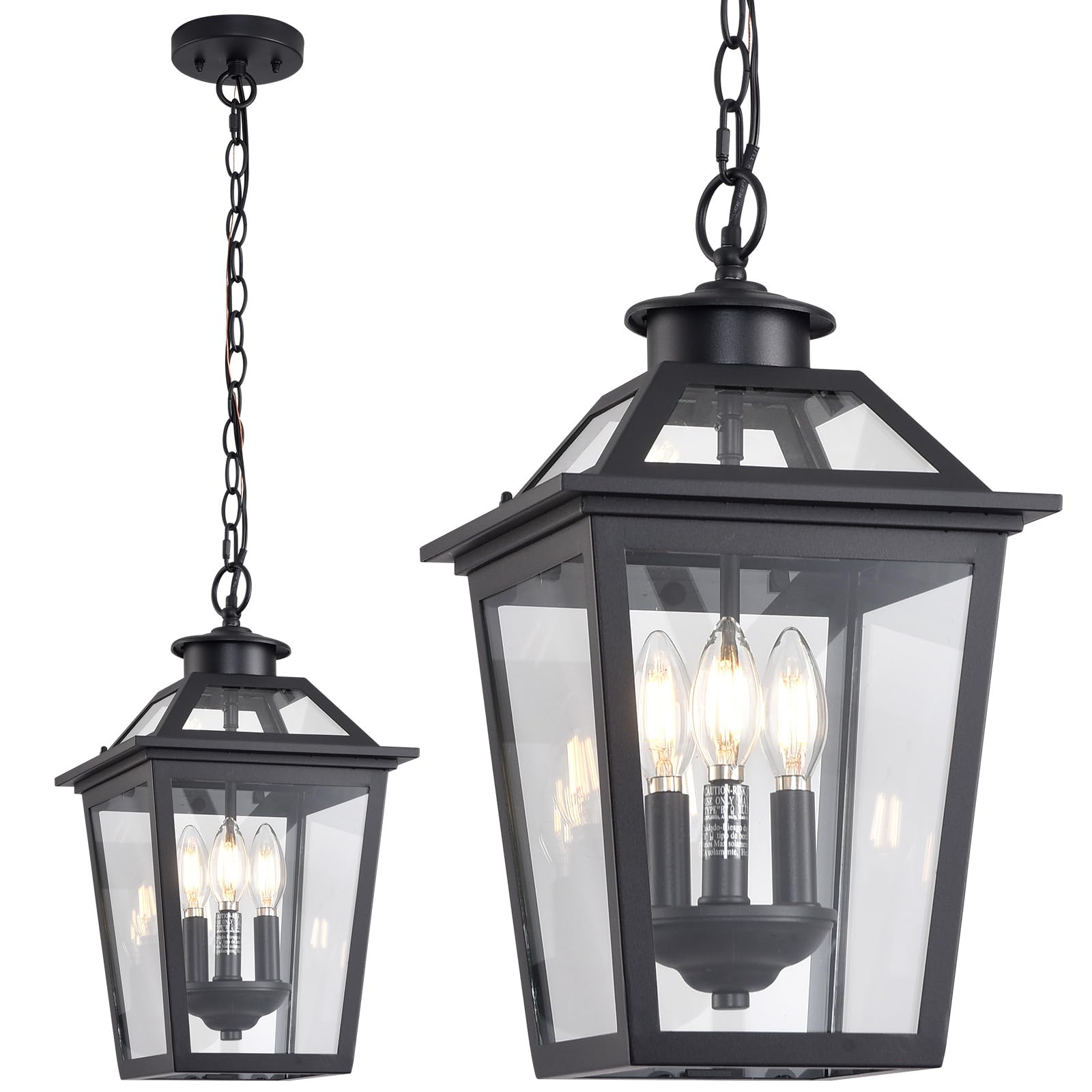 Smeike Large Outdoor Pendant Light Fixtures 3-Light Black Exterior Hanging Lantern with Clear Glass Outside Chandelier for Porch