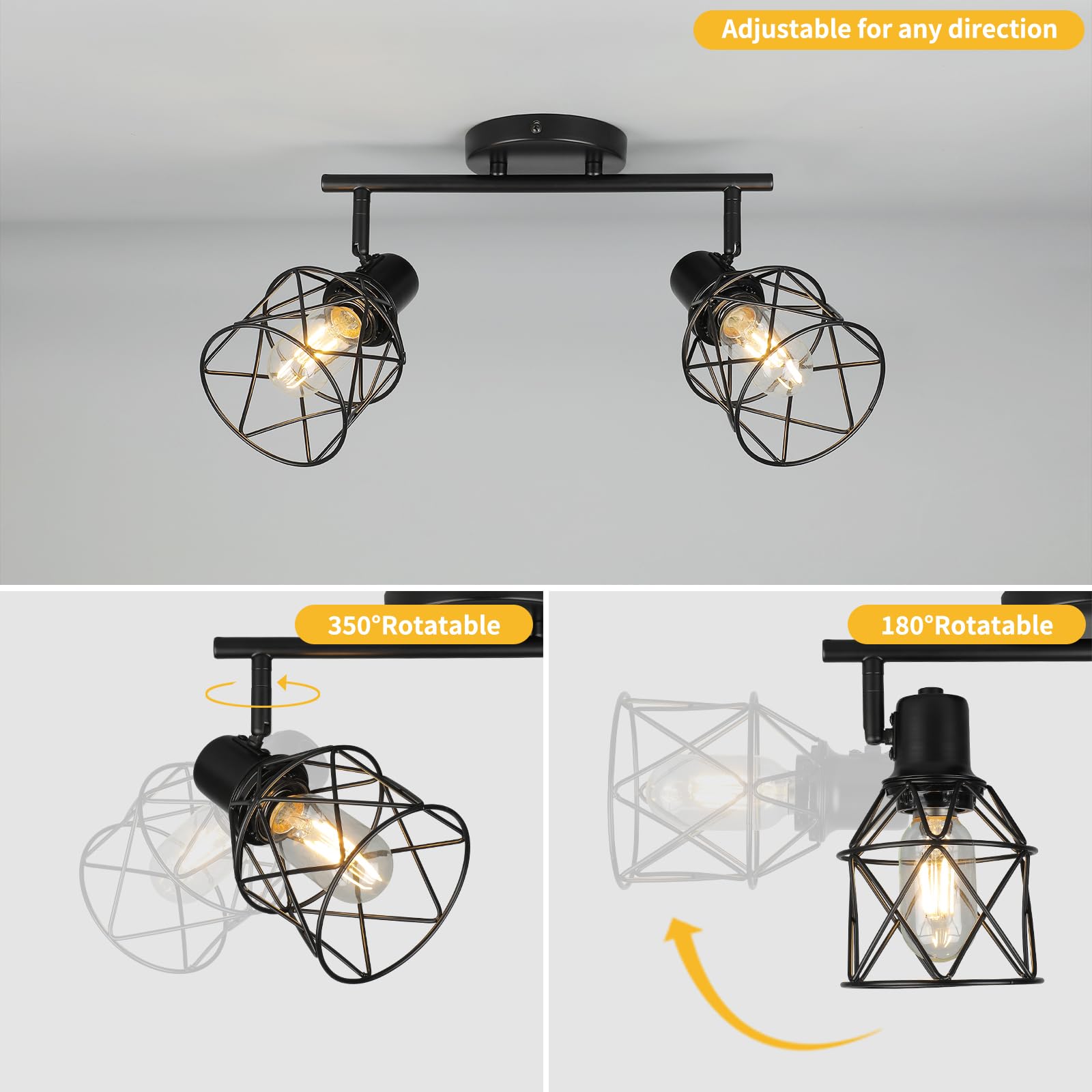 Wilon Industrial Track Lighting Fixtures Ceiling, 2 Light Kitchen Ceiling Light Rotatable Spotlight Fixtrues E26 Base Wall Light