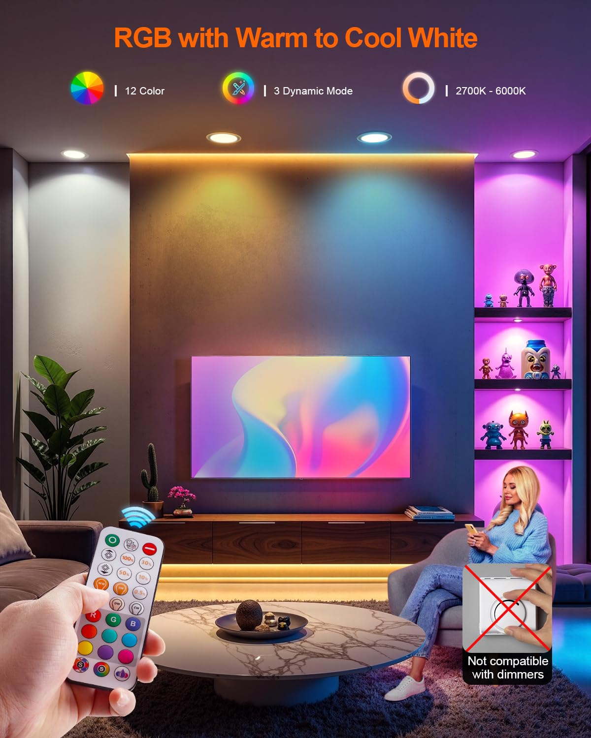 DUSKTEC 6 Inch RGBCW LED Recessed Lighting 13W Can Lights with Remote Control, 1050 Lumen, Aluminum, 12 Pack, E26