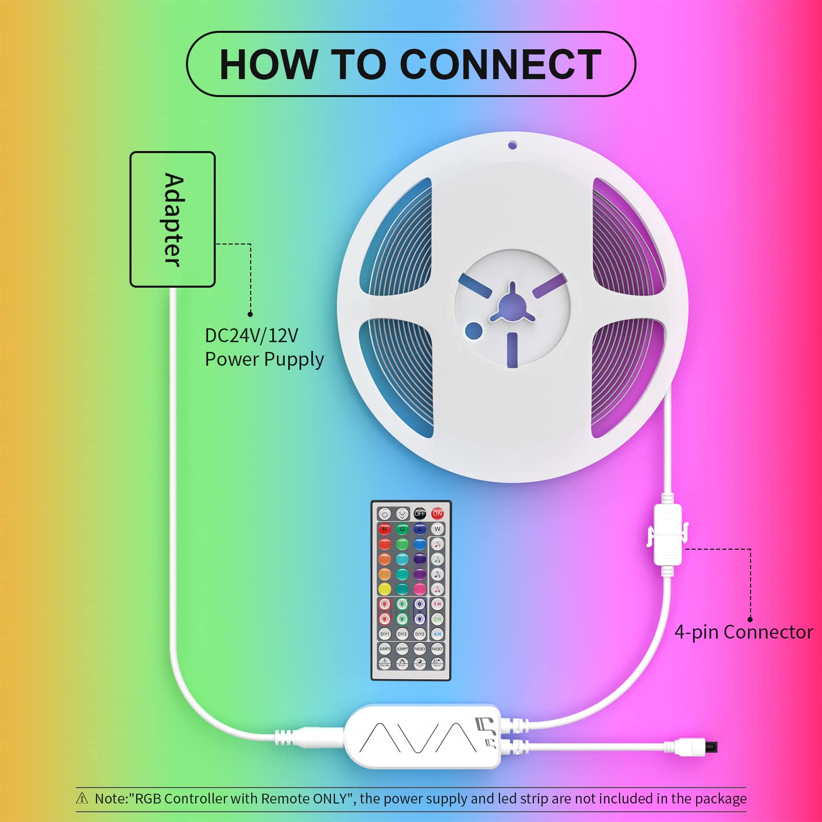 PAUTIX RGB LED Strip Light Controller, 44-Key Remote & APP, Music Sync, 12V/24V, Metal, One Port, DIY & Timer Function
