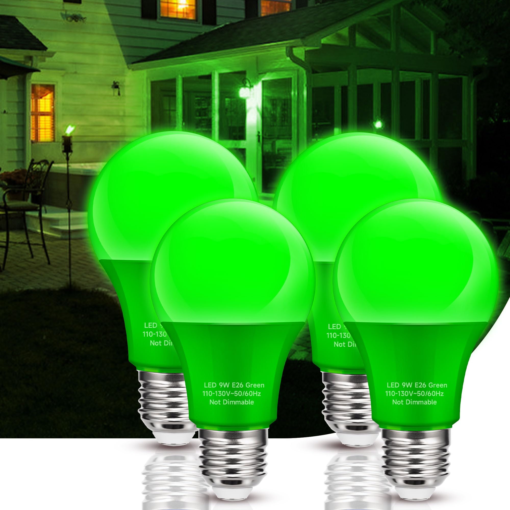 Nouscan Green Led Light Bulbs Outdoor  9W Equivalent 60W  A19 Green Colored Light Bulb E26 Base Outdoor For Halloween  Christmas  New Year  Porch Home Lighting  Bar Decor  Non-Dim  4 Pack