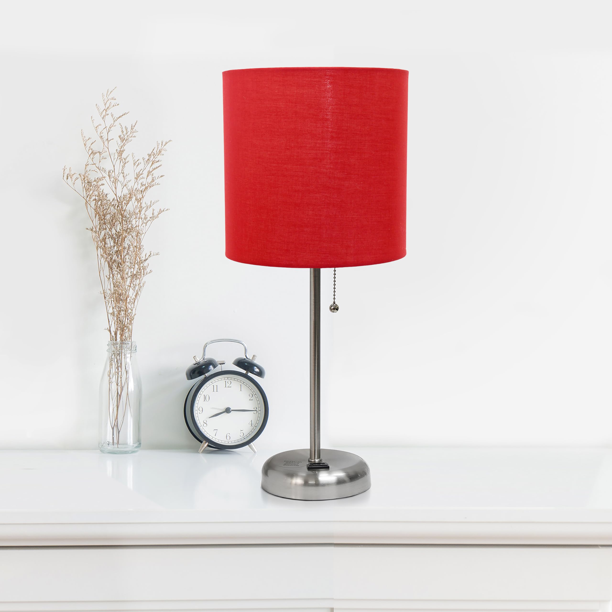 Simple Designs Lt2024-Red Brushed Steel Stick Table Desk Lamp With Charging Outlet And Drum Fabric Shade, Red Shade