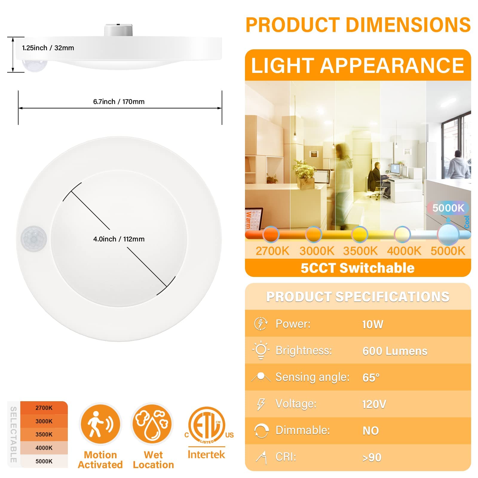 JULLISON 4 Inch LED Motion Sensor Ceiling Light, 10W, 600Lm, 5CCT, Metal, ETL Certified, Round/White, 1 Pack, Model CL