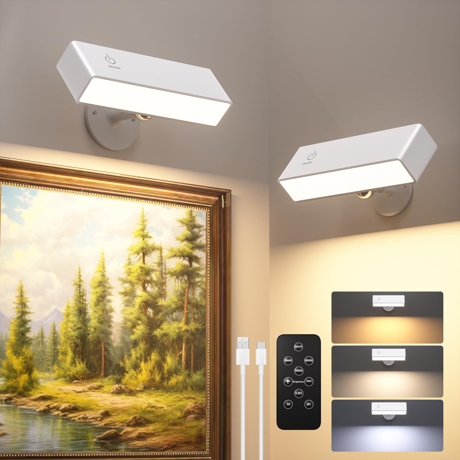 DetarZinLED Wall Sconces - 2 Pack Battery Operated, Magnetic, Dimmable USB Lights, White, Model EL-BSRF-02